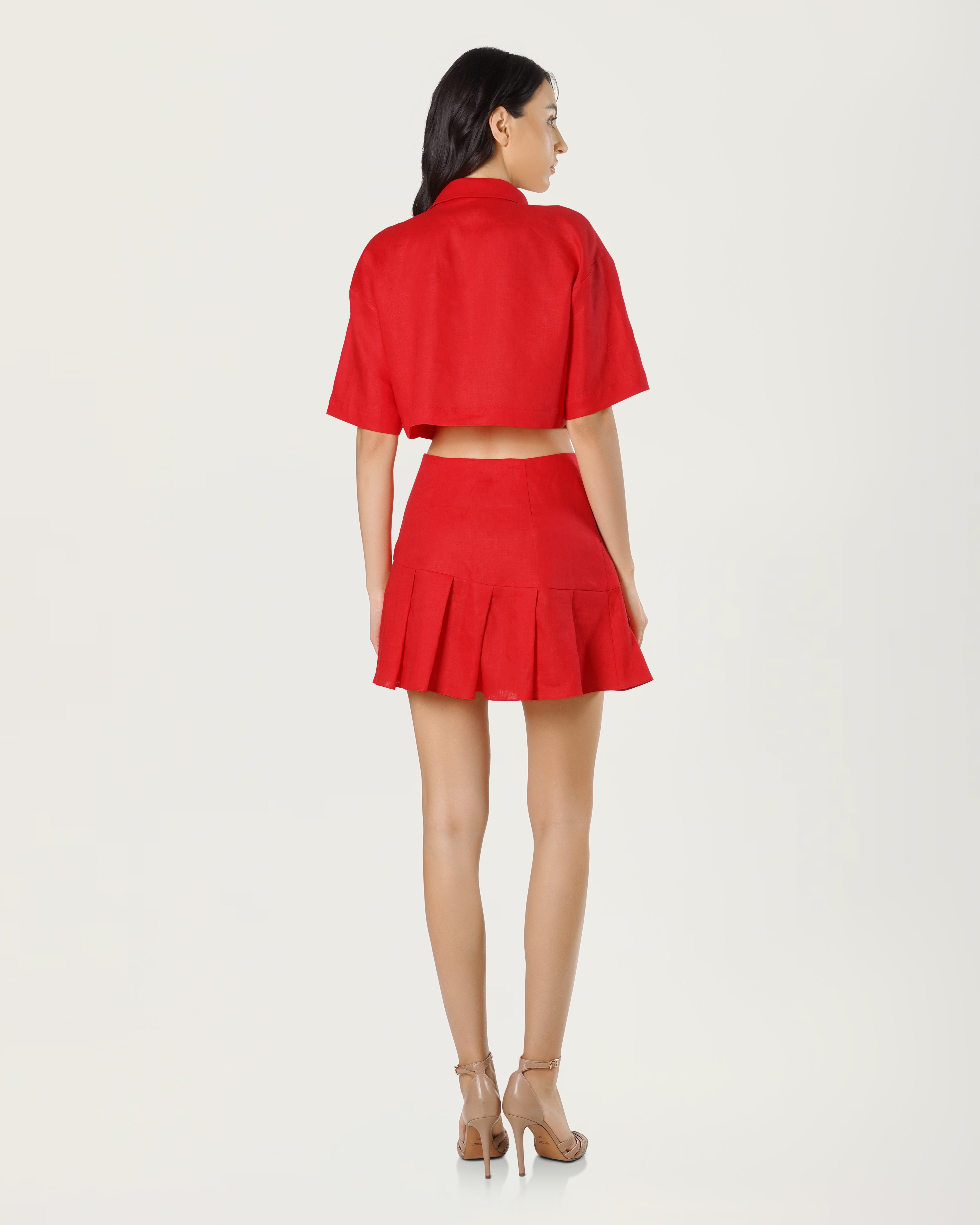 Asymmetrical Pleated Linen Mini Skirt Red