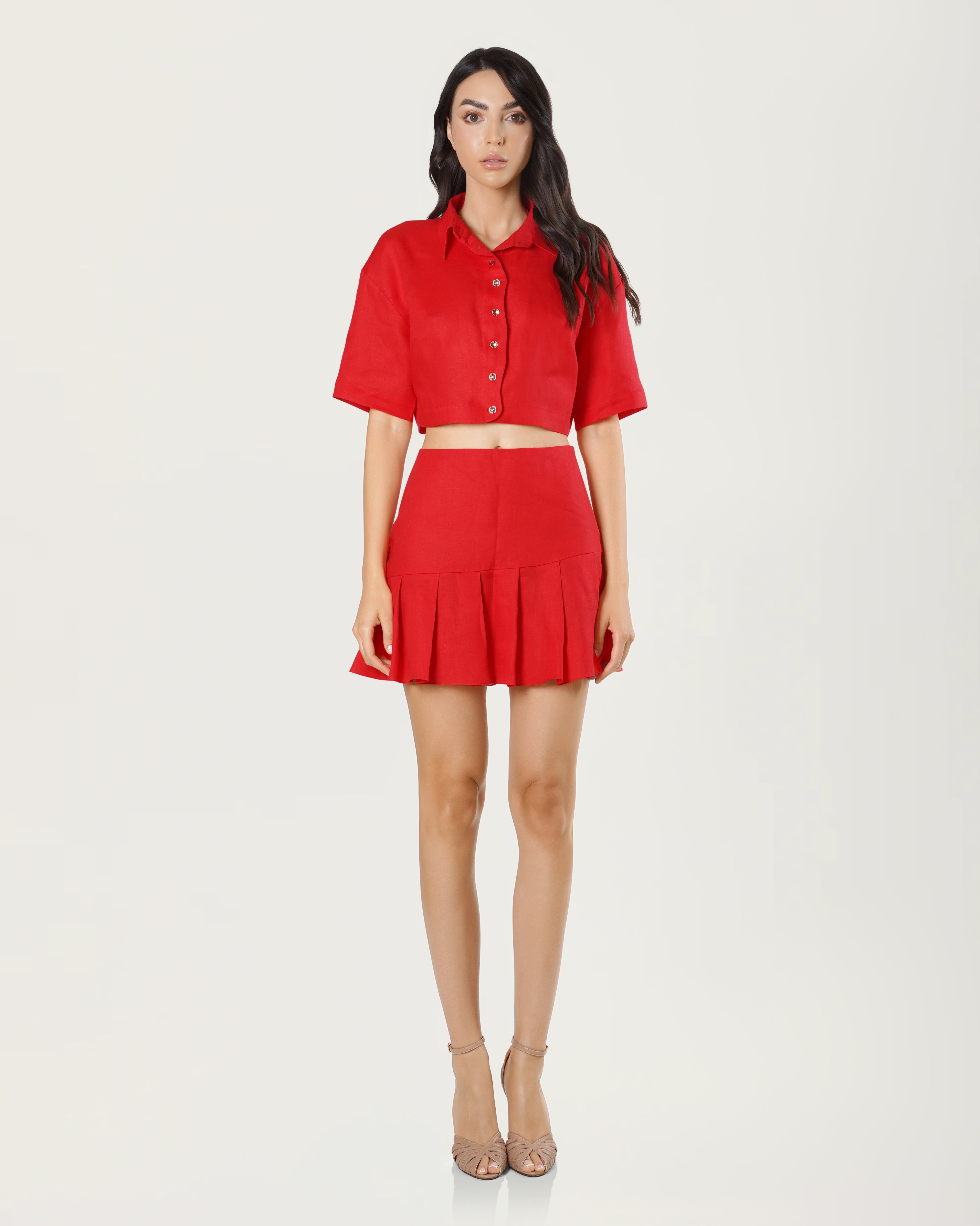 Cropped Linen Shirt with Decorative Buttons Red