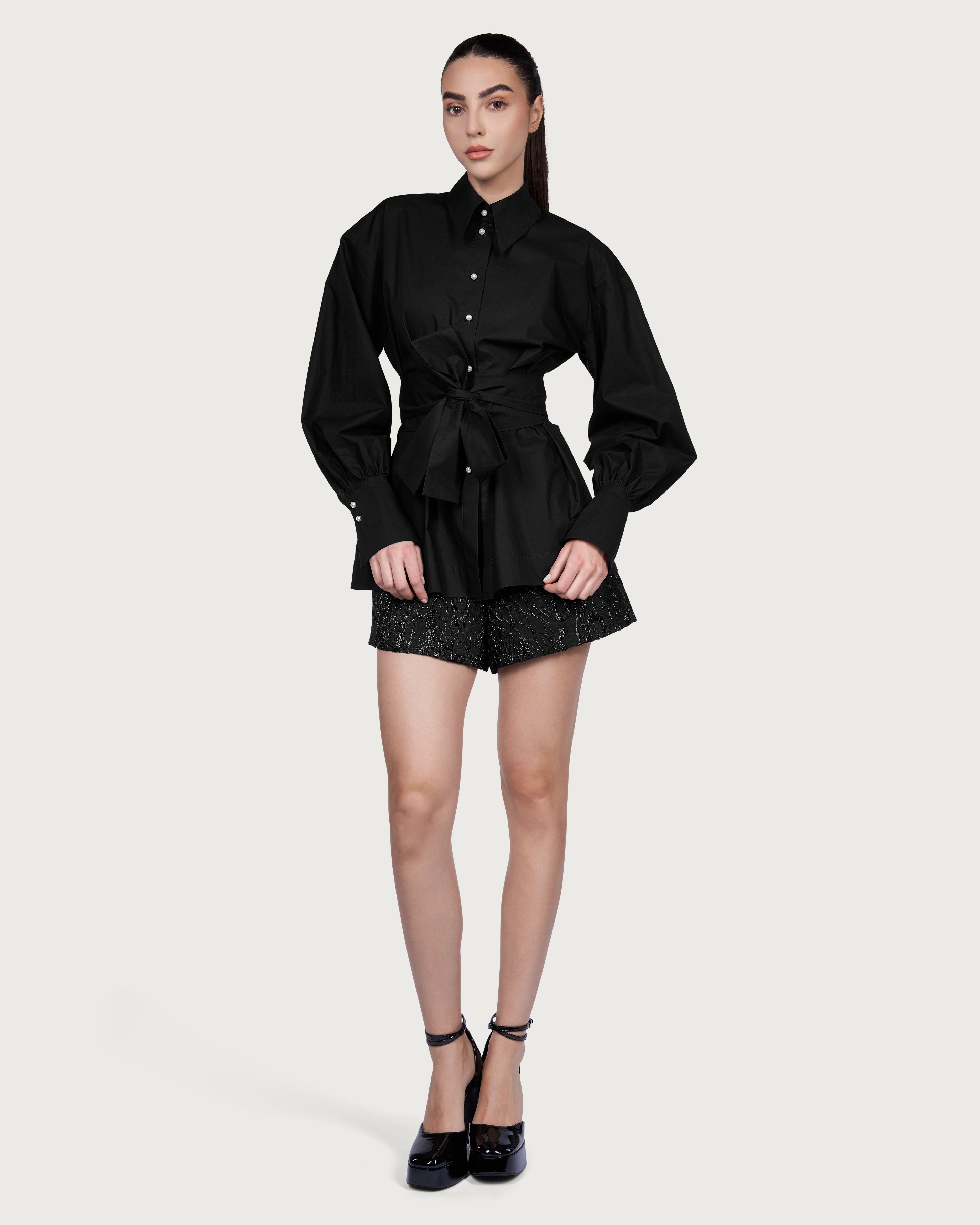 Balloon Sleeve Cotton Shirt with Pearl Buttons