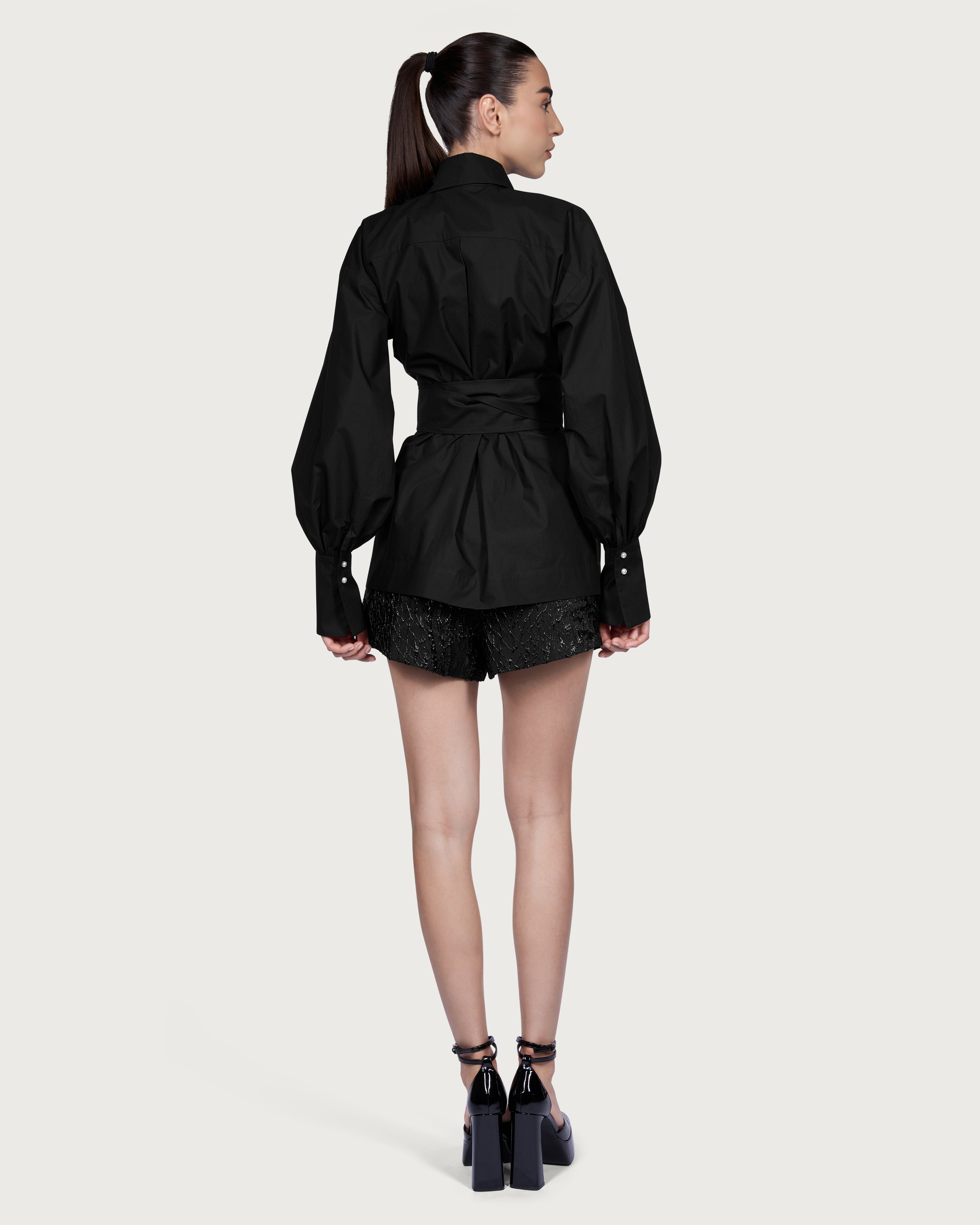 Balloon Sleeve Cotton Shirt with Pearl Buttons