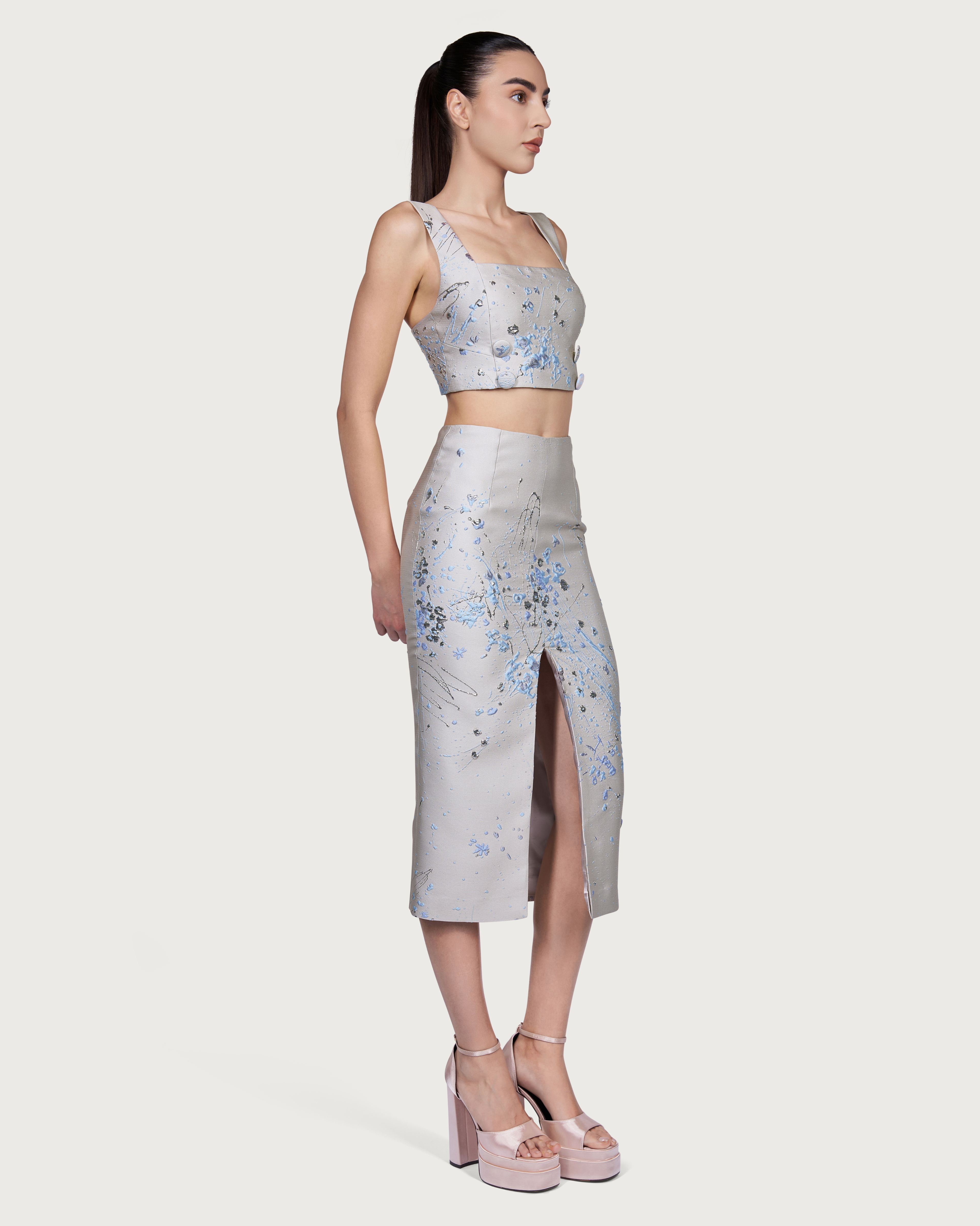 Brocade Split Midi Skirt