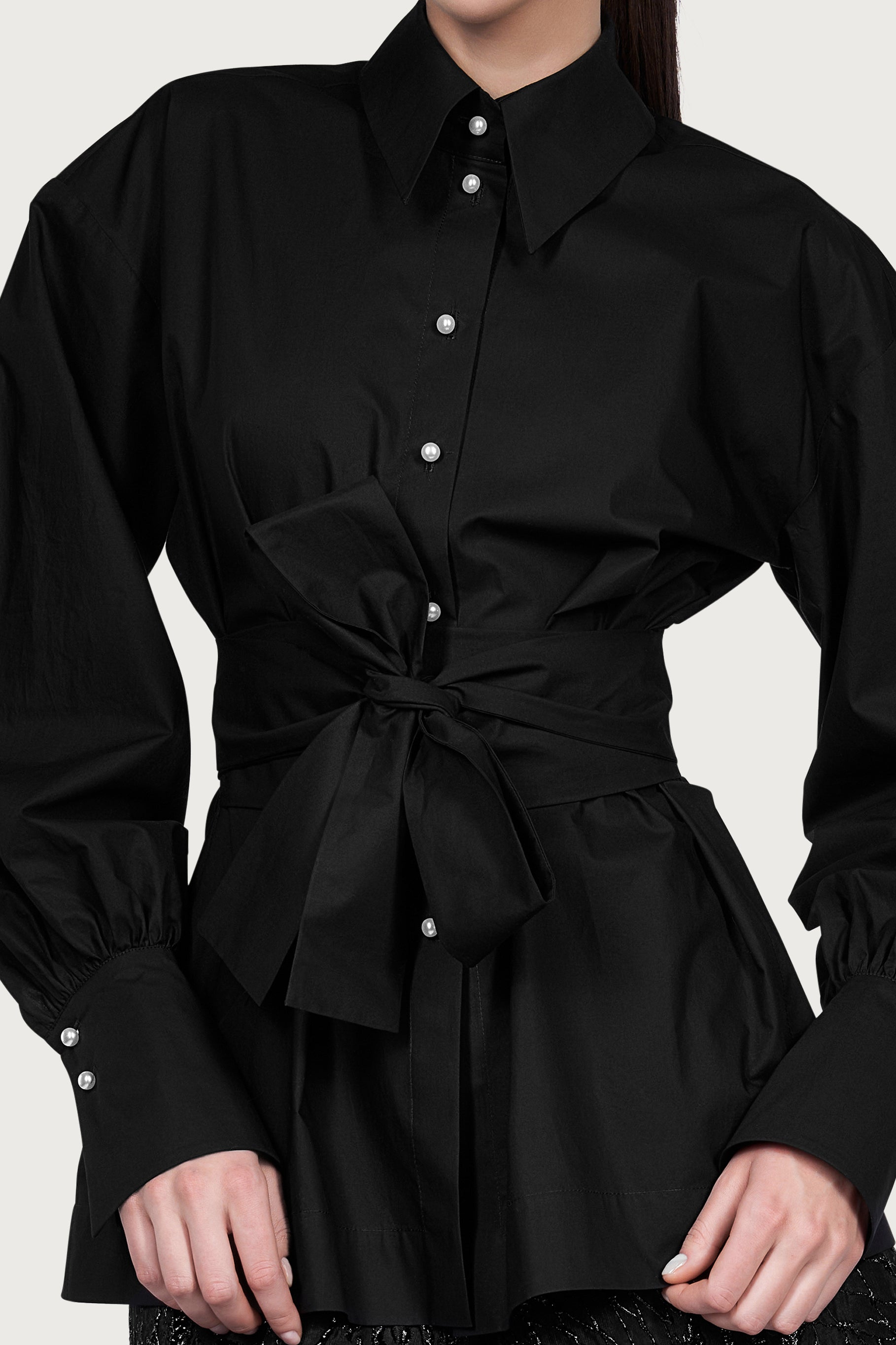 Balloon Sleeve Cotton Shirt with Pearl Buttons