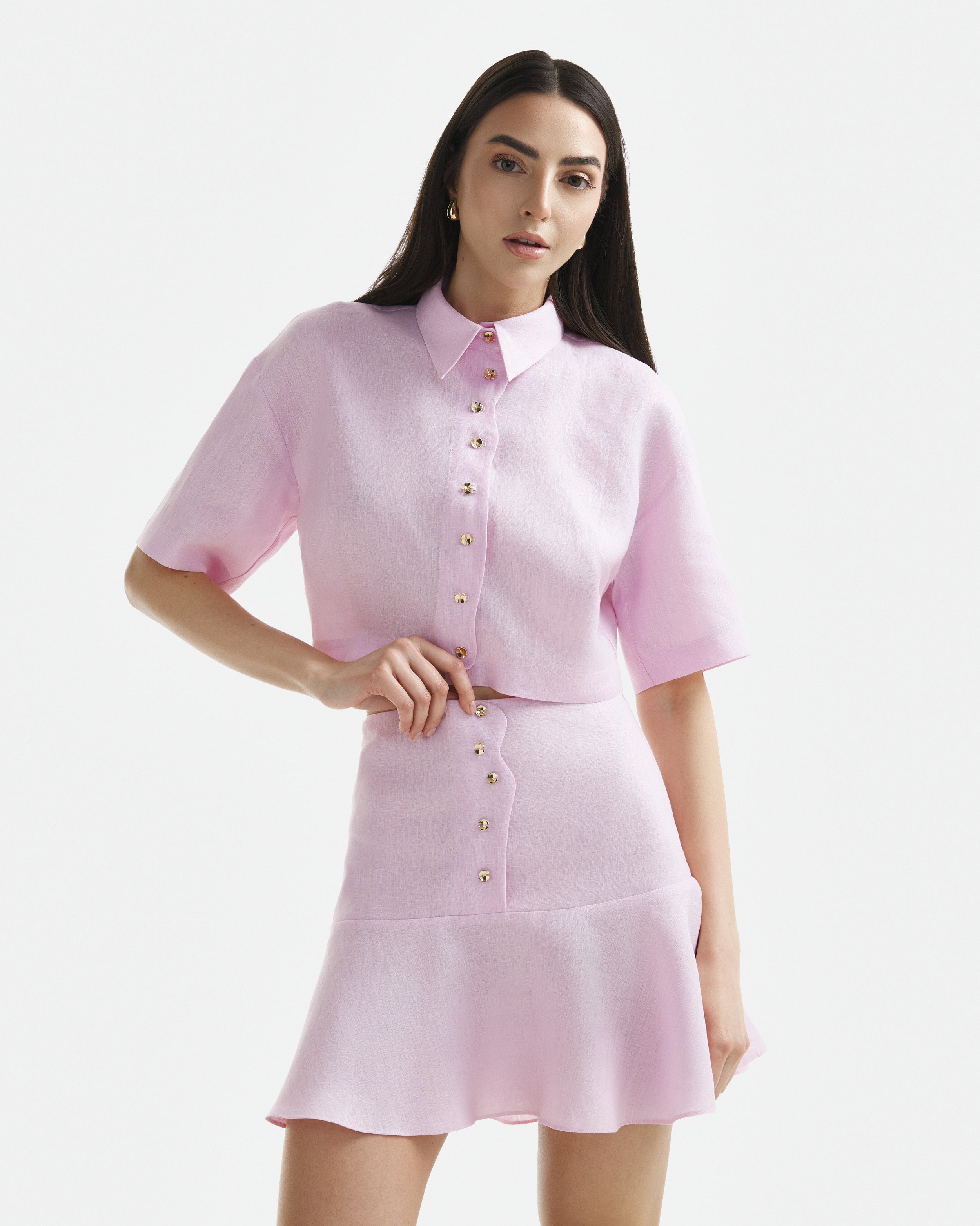 Wave Cropped Linen Shirt Candy Pink