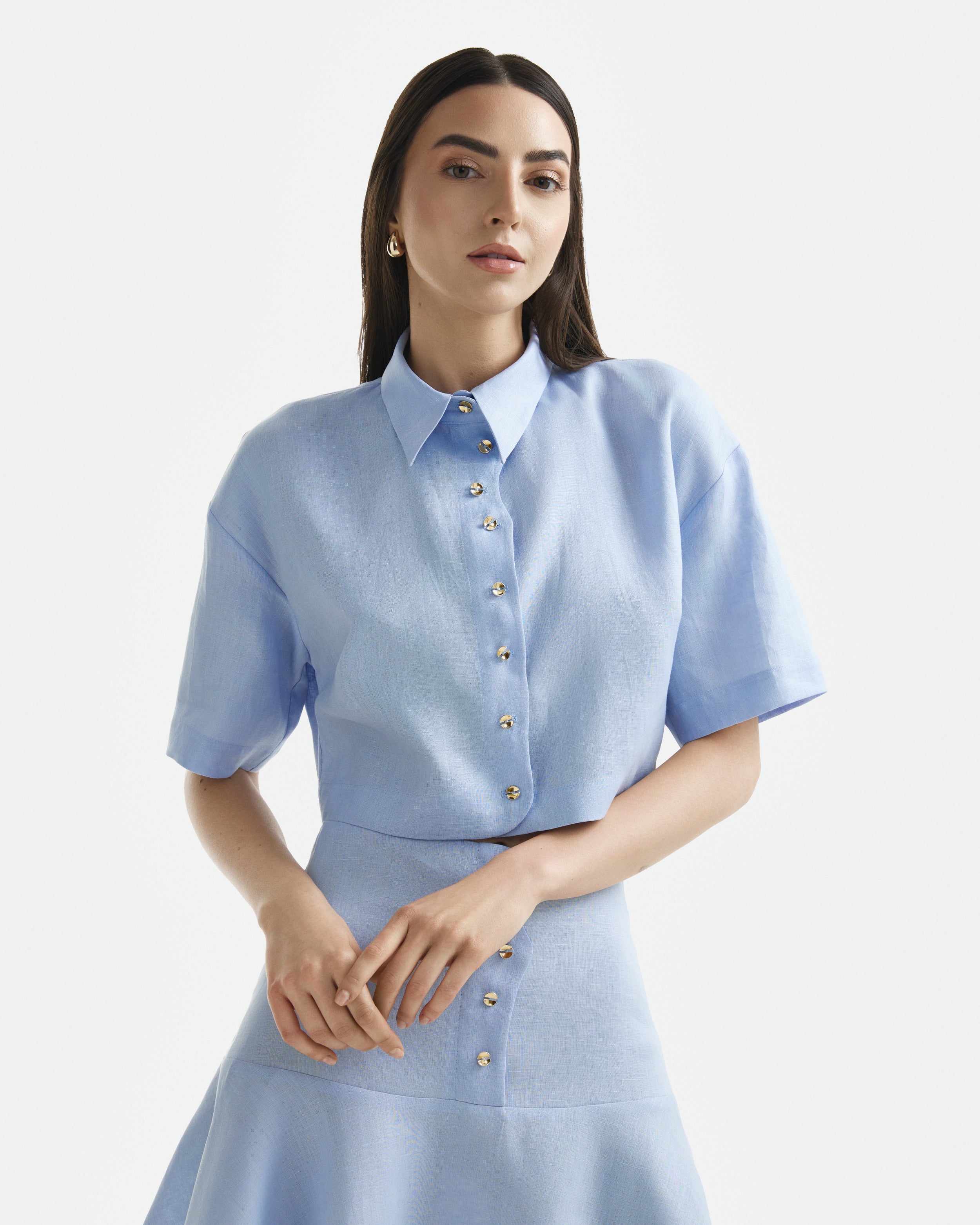 Wave Cropped Linen Shirt Icy Blue