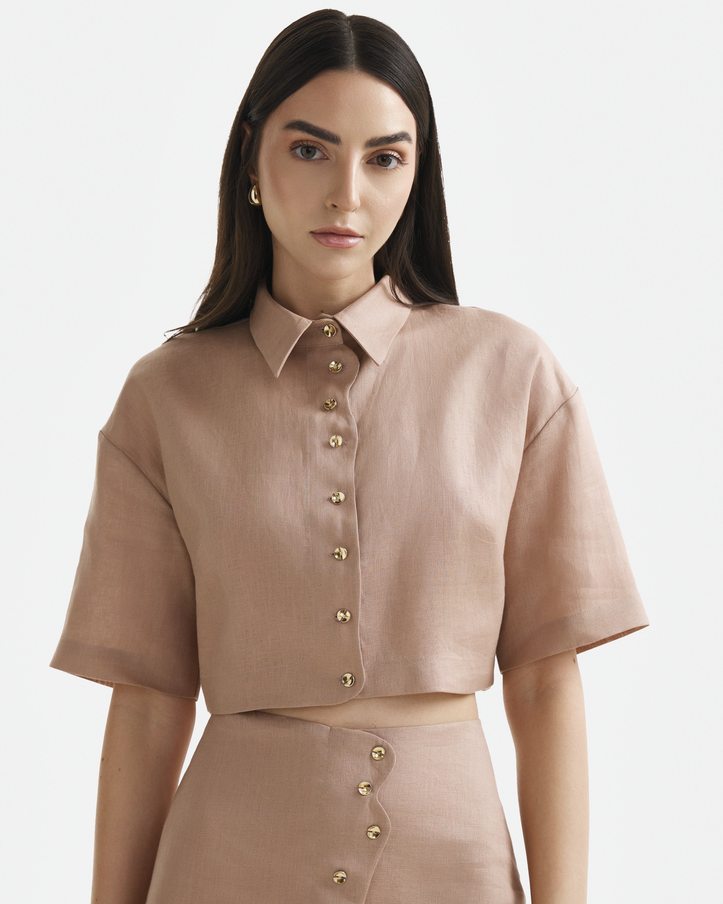 Wave Cropped Linen Shirt Warm Taupe