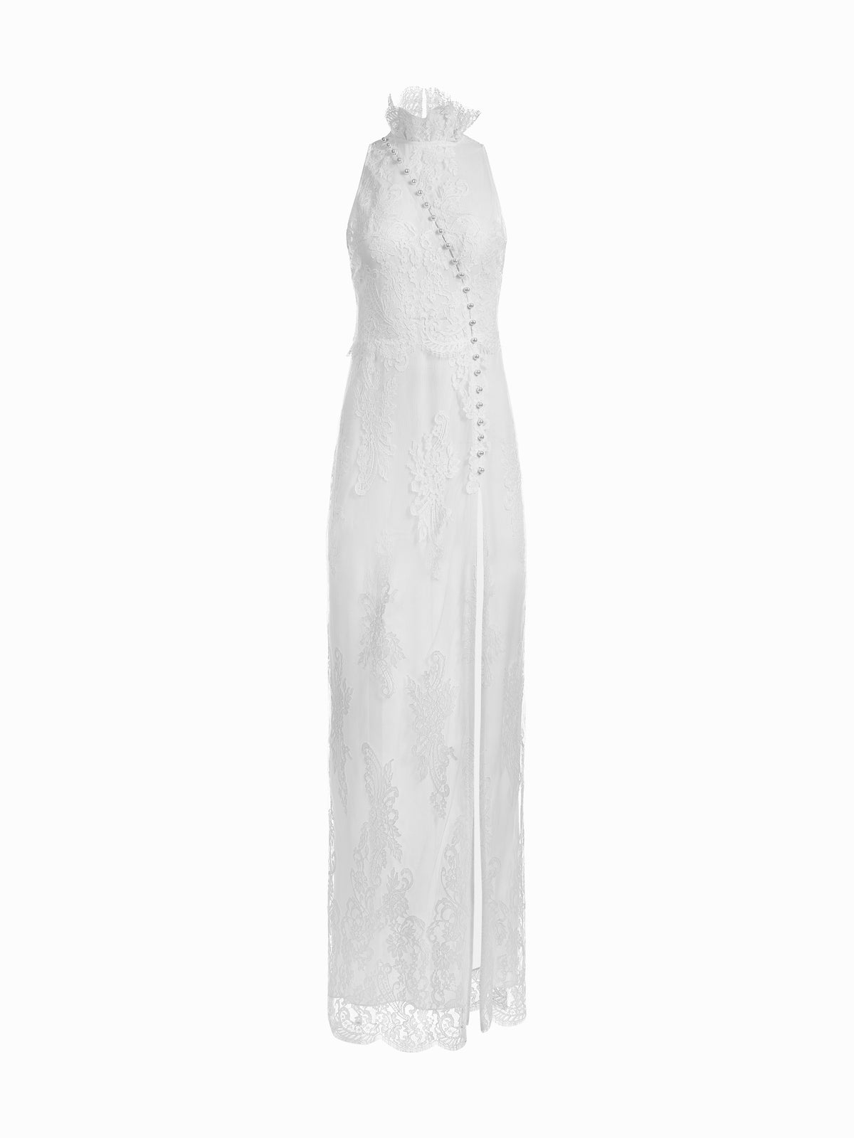 Floral Lace Gown with Pearl Buttons