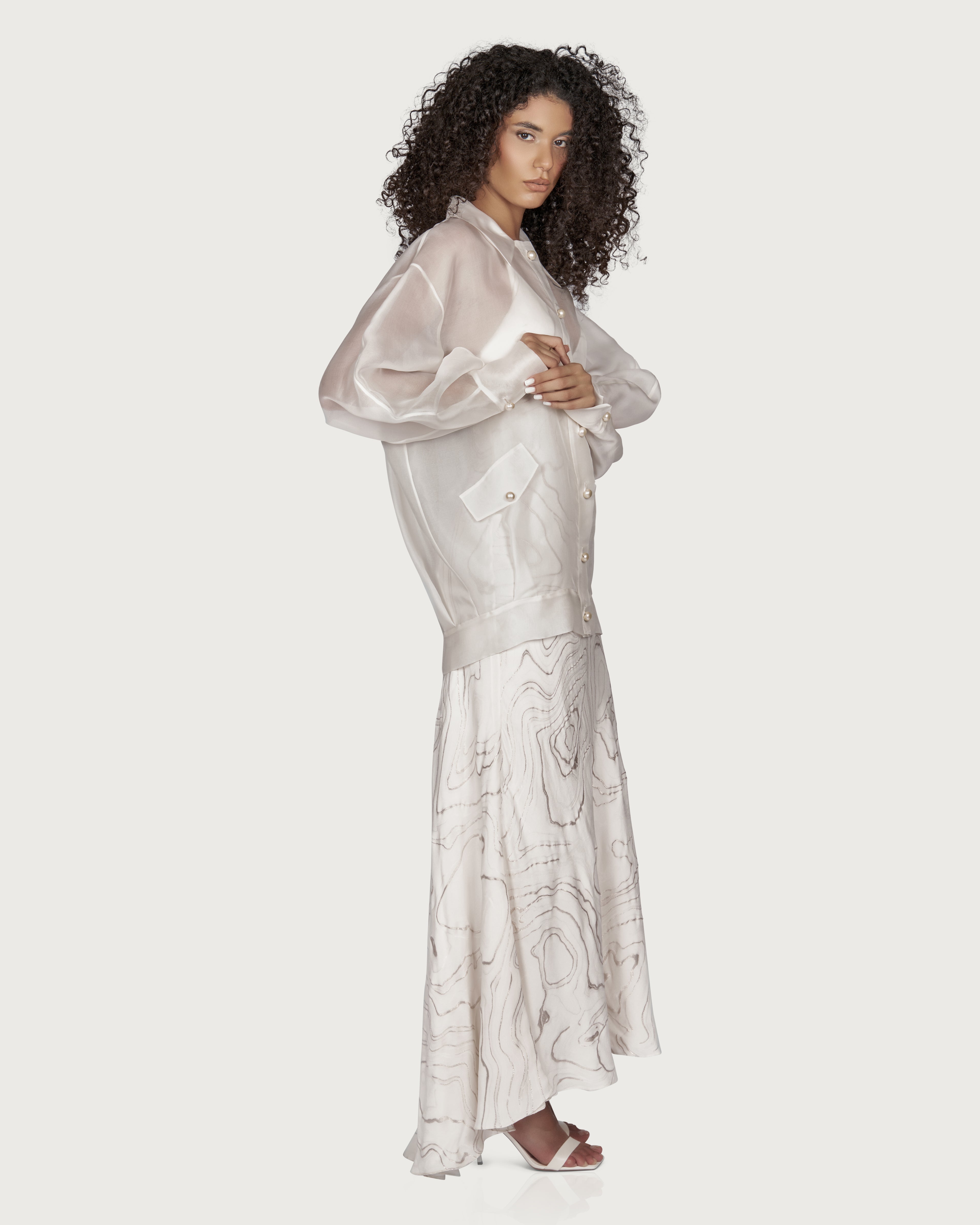 Oversized Organza Bomber Jacket with Pearl Buttons