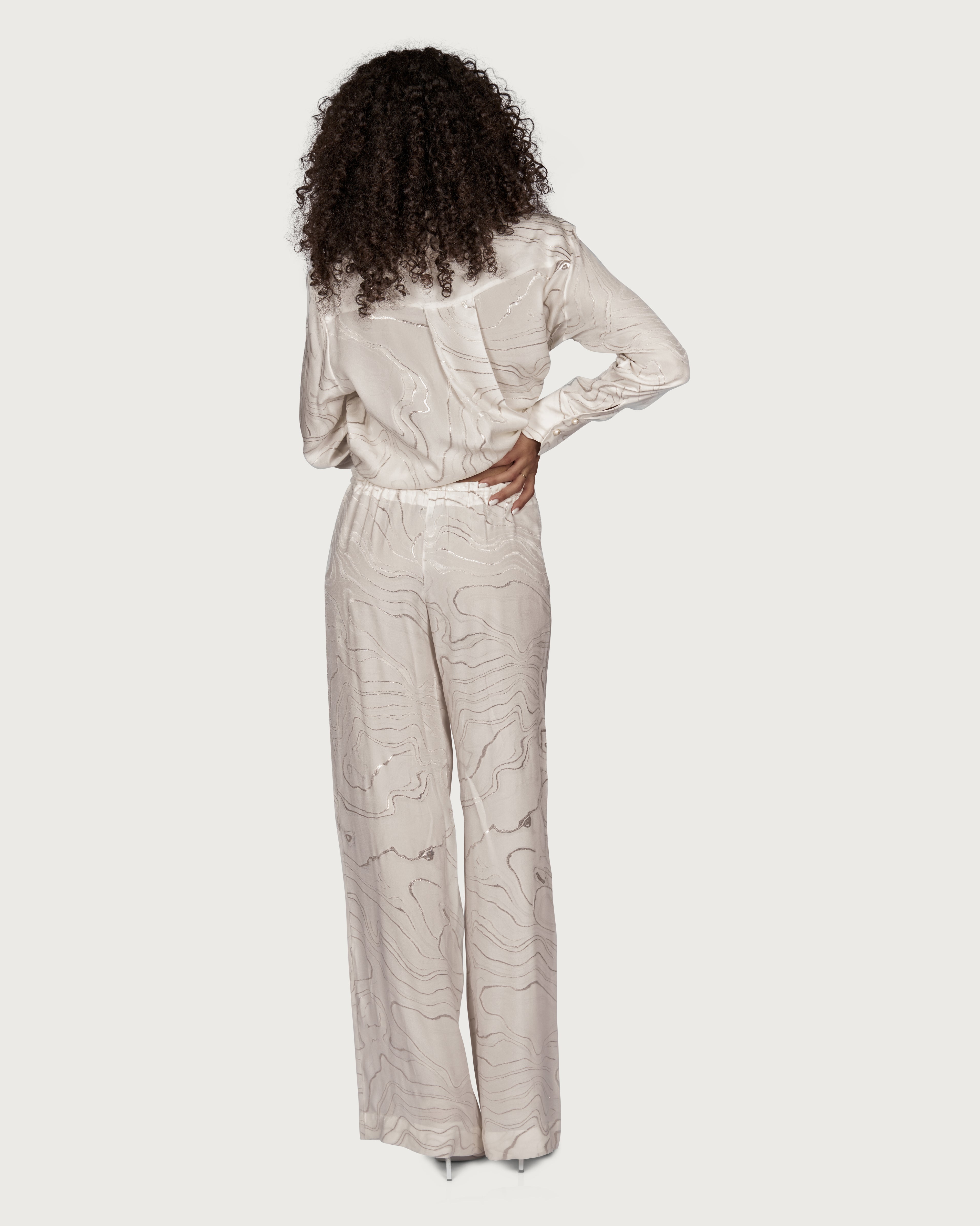 Silk Loose Trousers with Silver Embroidery