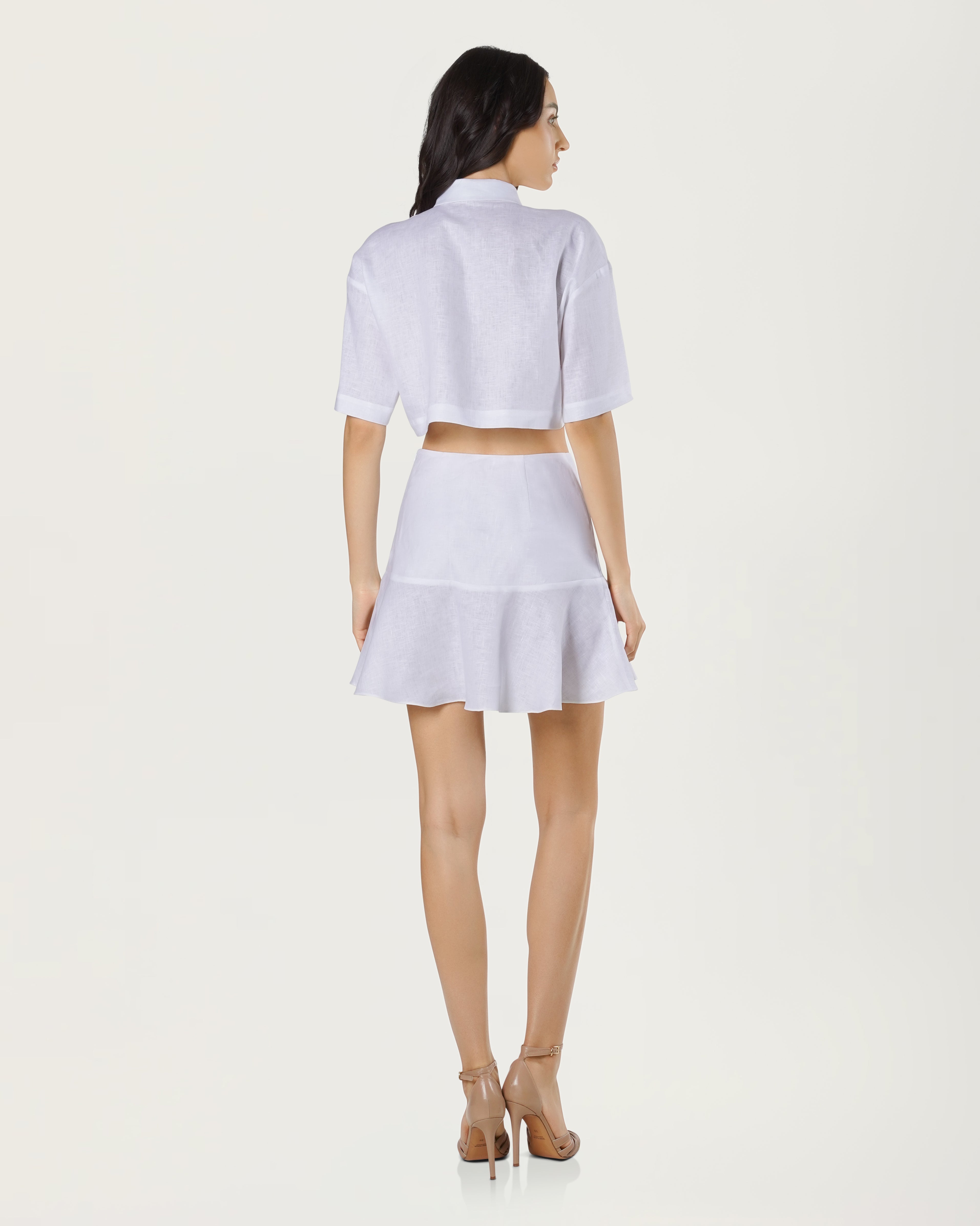 Cropped Linen Shirt with Decorative Buttons White