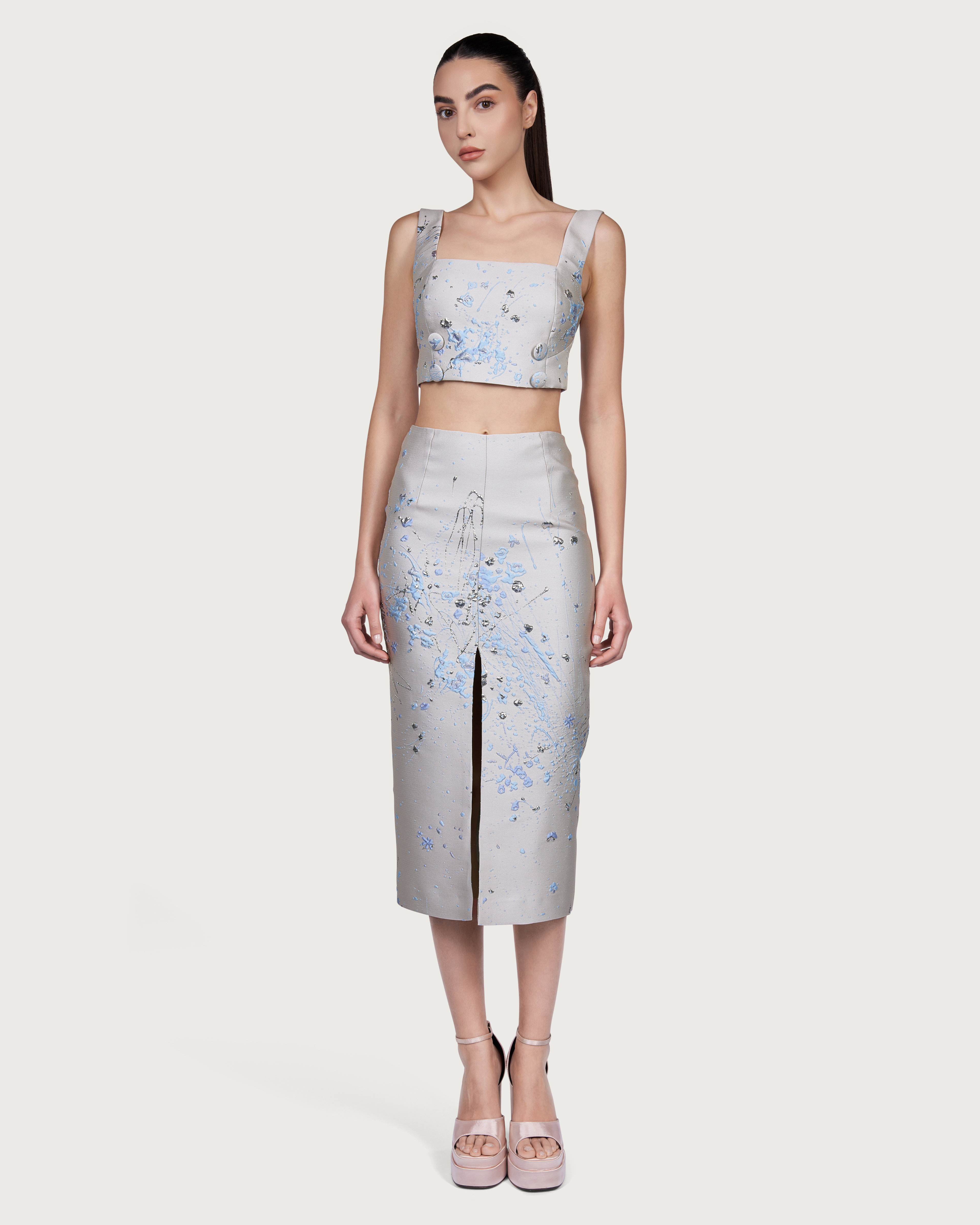 Brocade Split Midi Skirt
