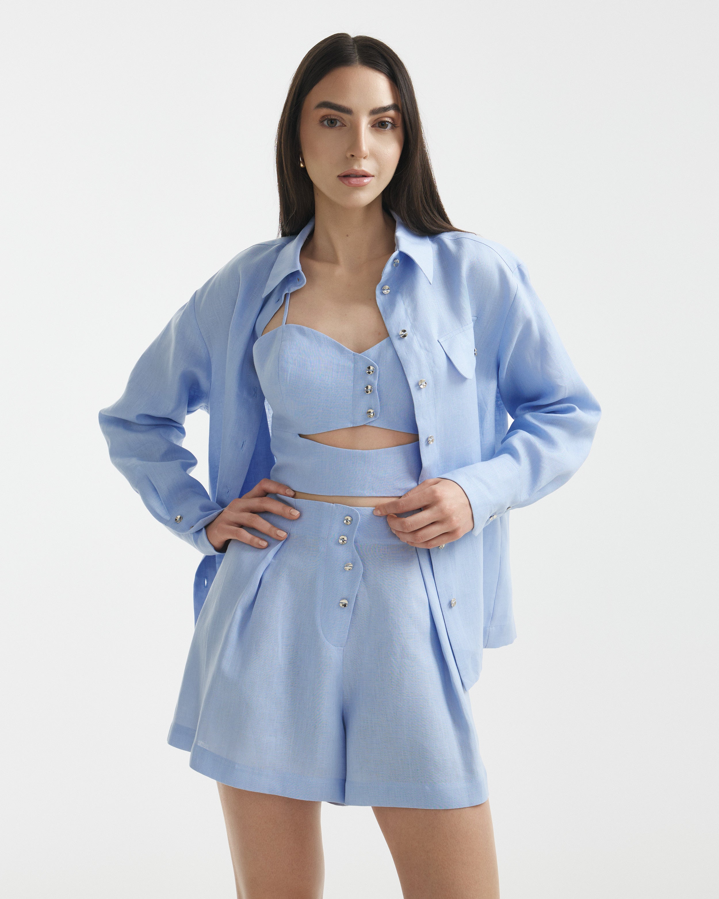 Wave Linen Corset Top Icy Blue