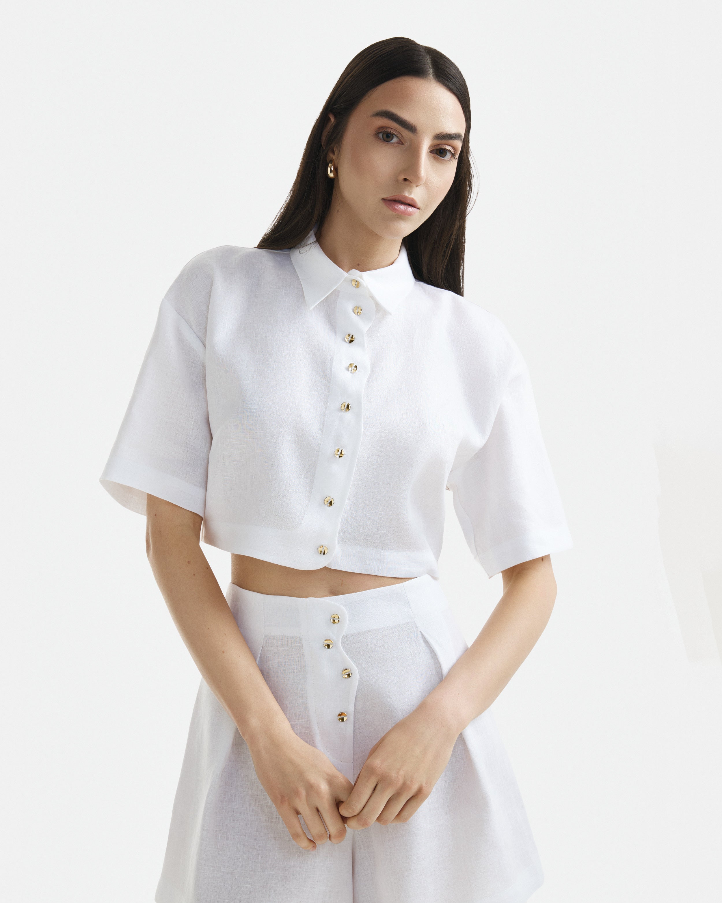 Wave Cropped Linen Shirt White