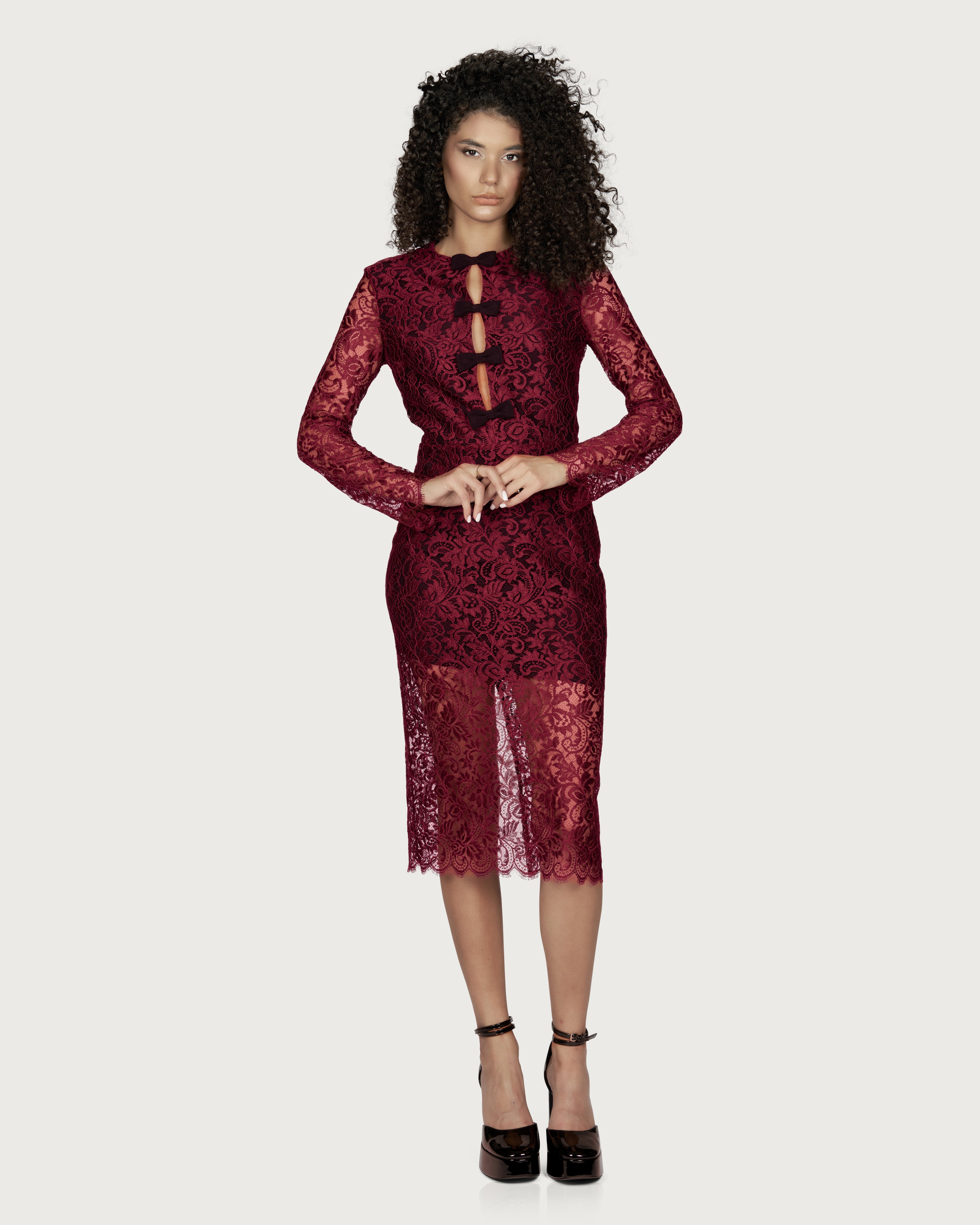 Lace Midi Dress with Bows Bordeaux