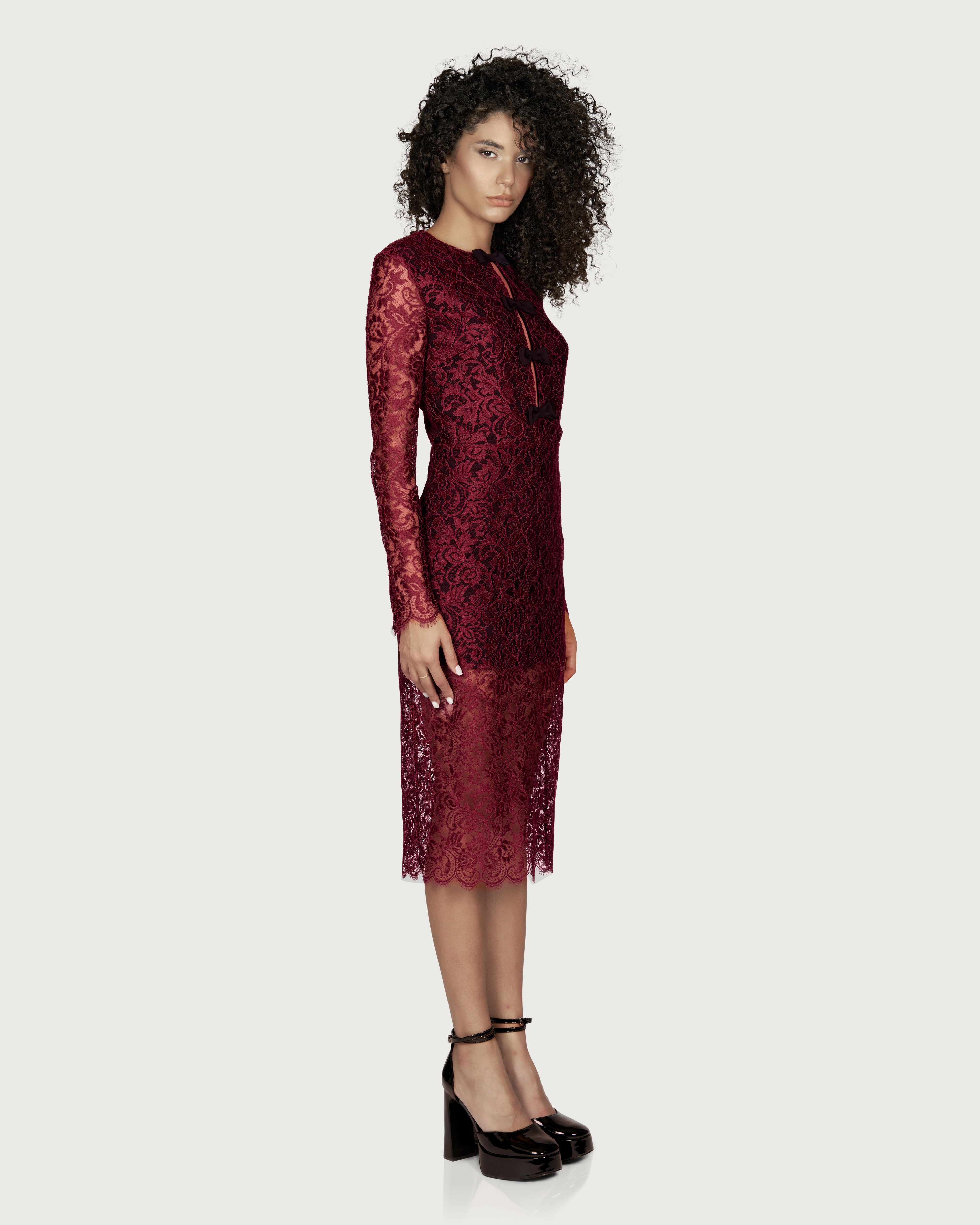 Lace Midi Dress with Bows Bordeaux
