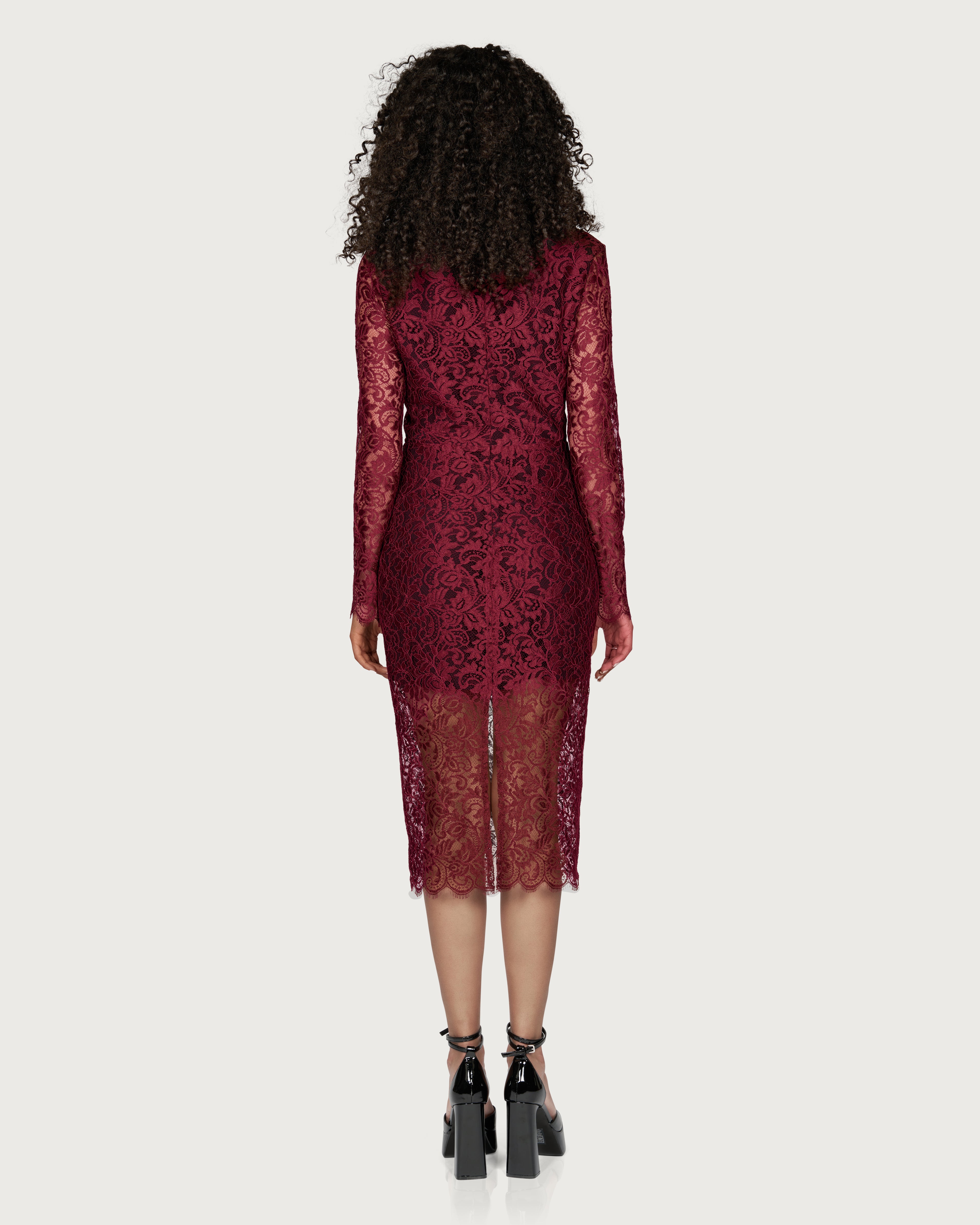 Lace Midi Dress with Bows Bordeaux