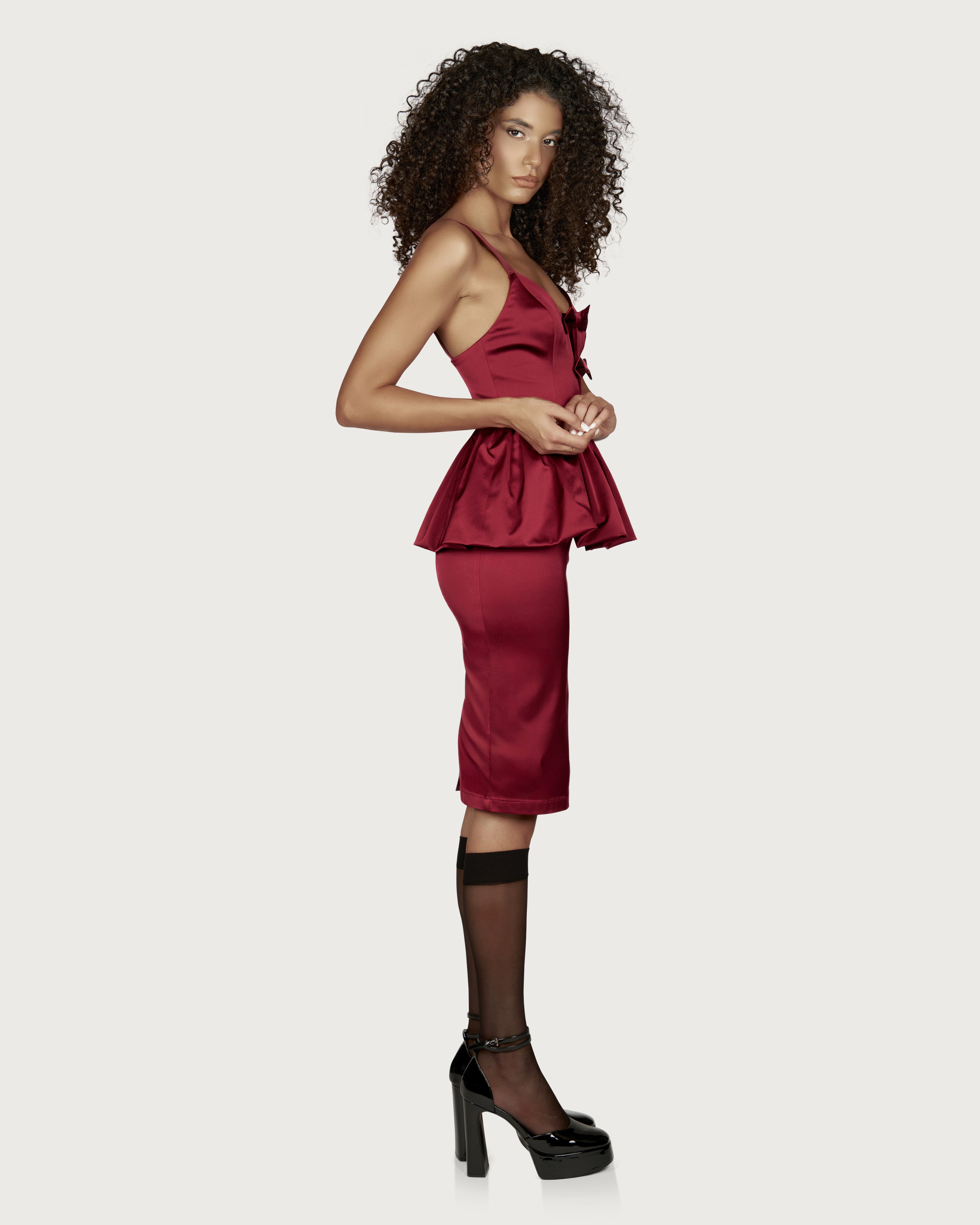 Peplum Dress with Bows Bordeaux