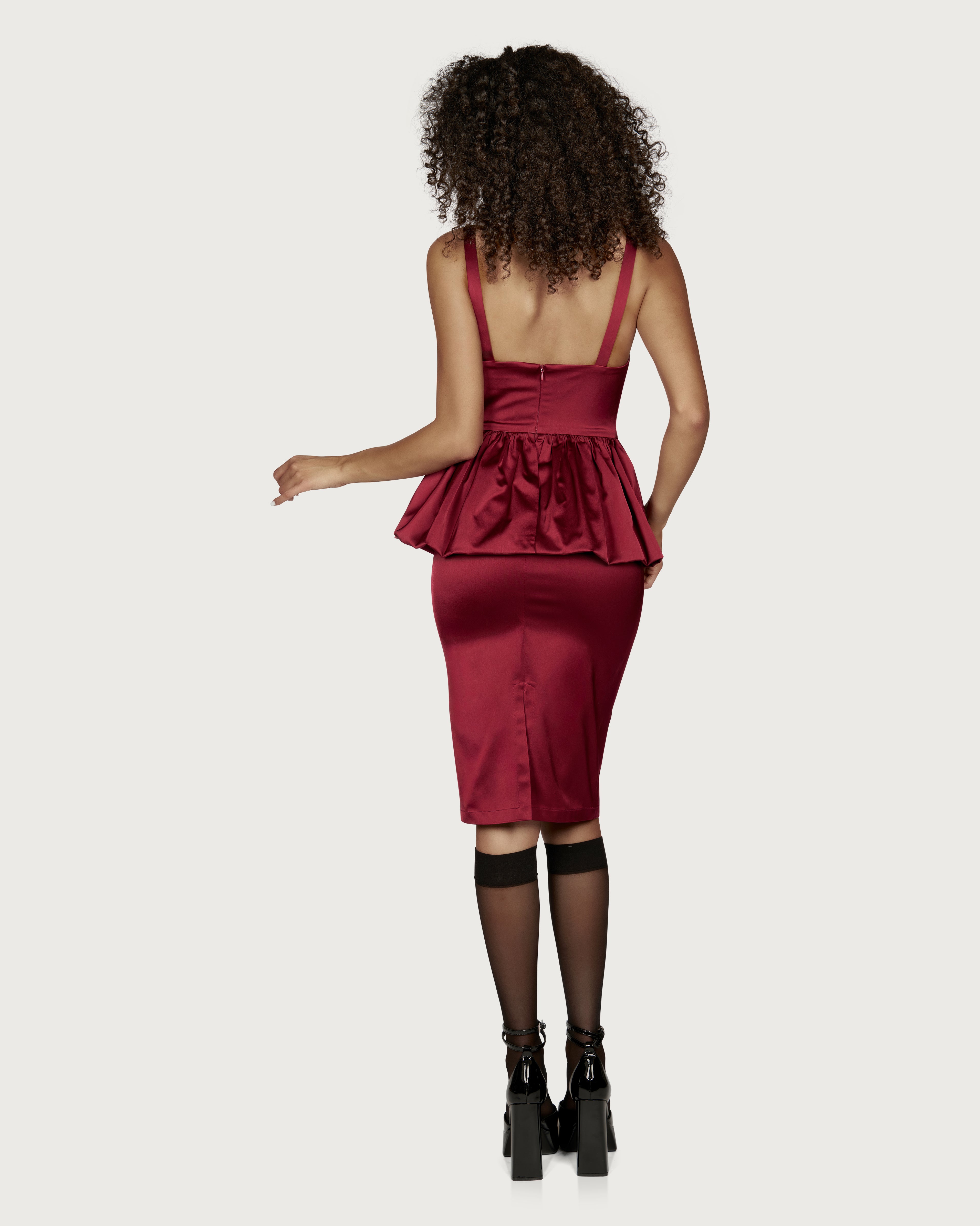 Peplum Dress with Bows Bordeaux