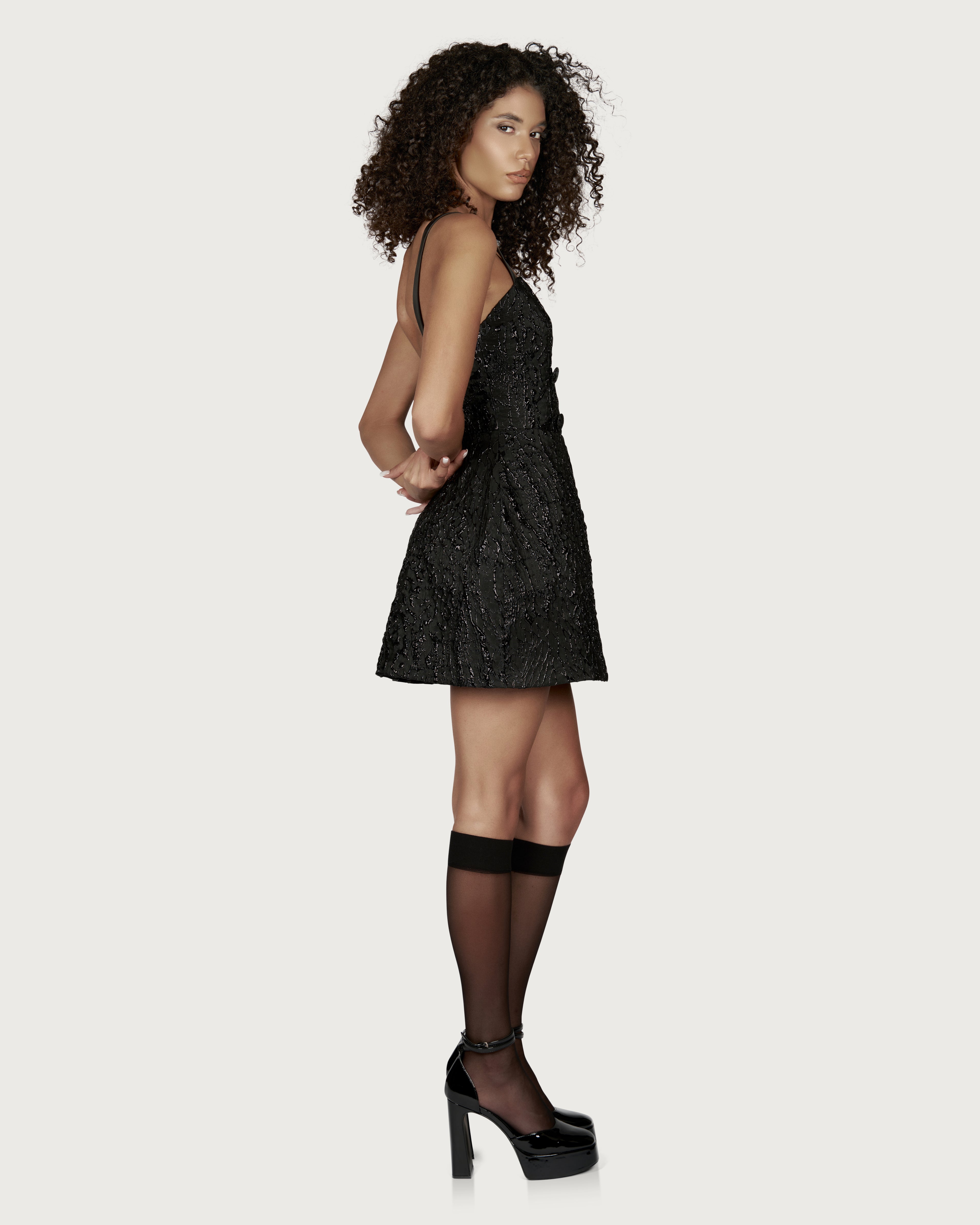 Jacquard Mini Dress with Buttons Black