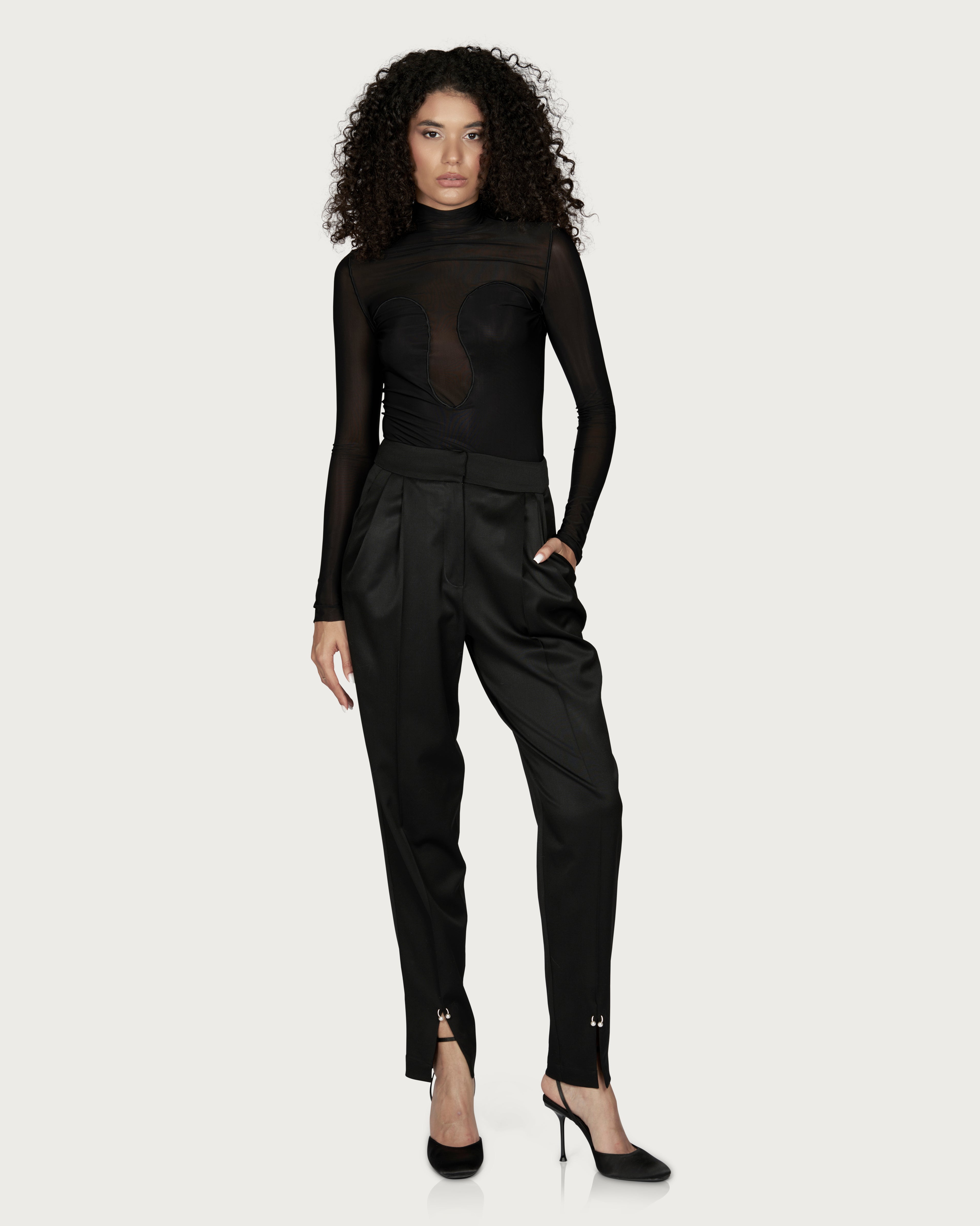Pleated Pierced Wool Trousers Black