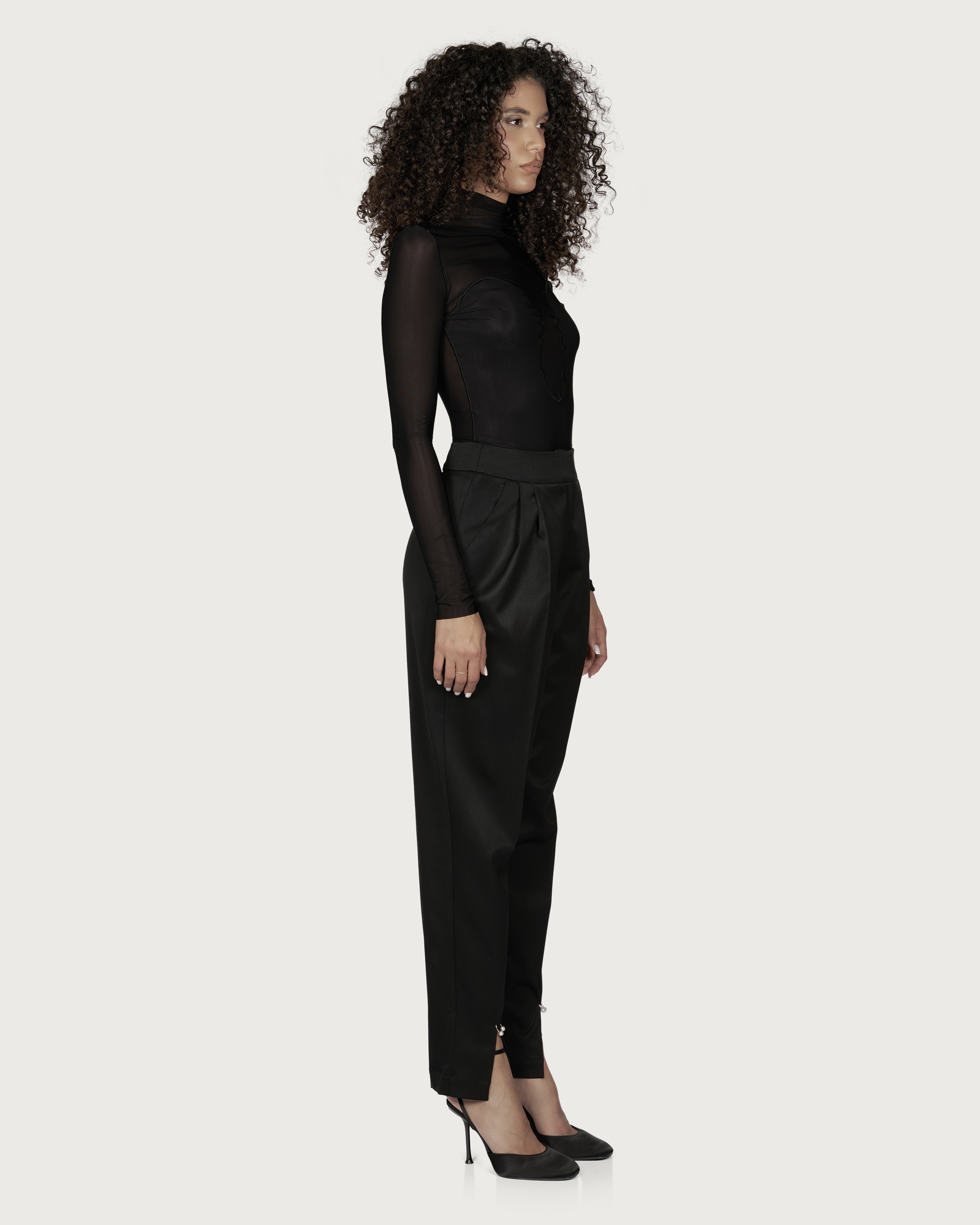 Pleated Pierced Wool Trousers Black
