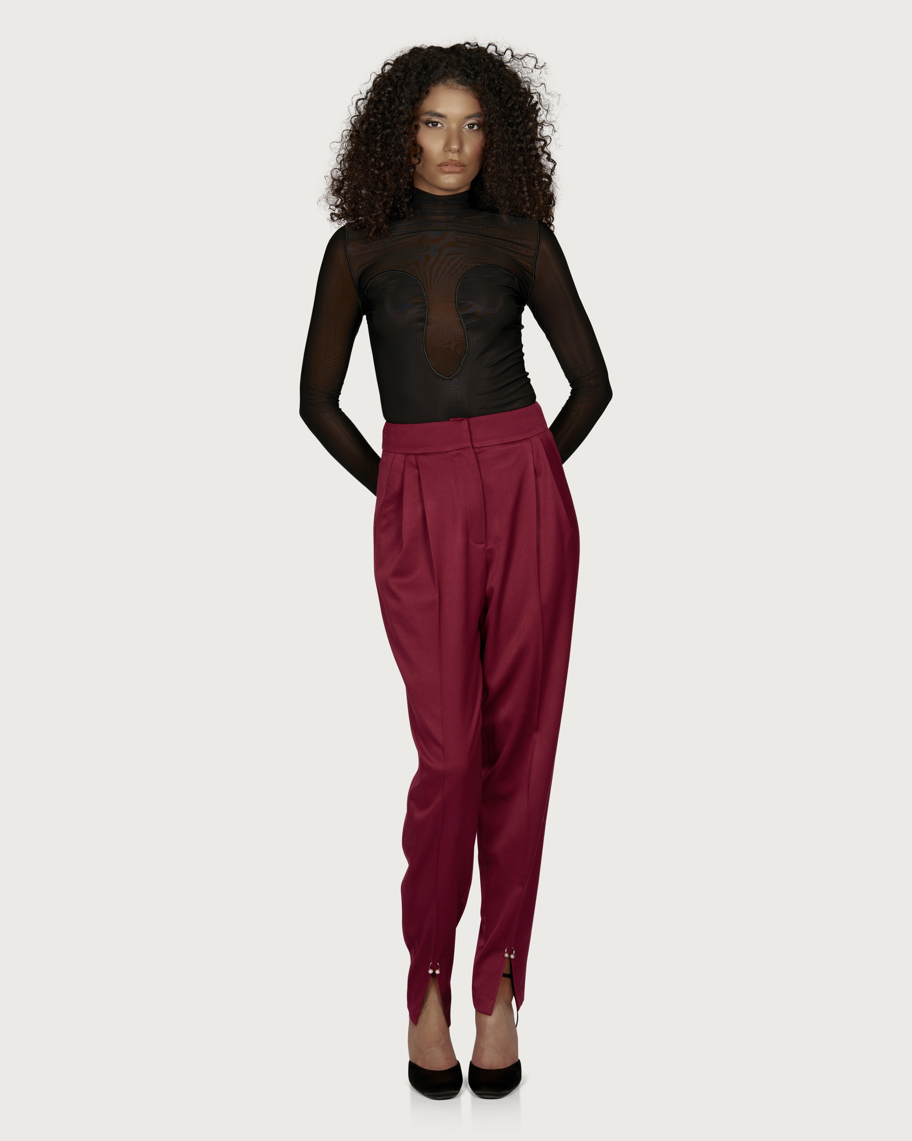 Pleated Pierced Wool Trousers Bordeaux