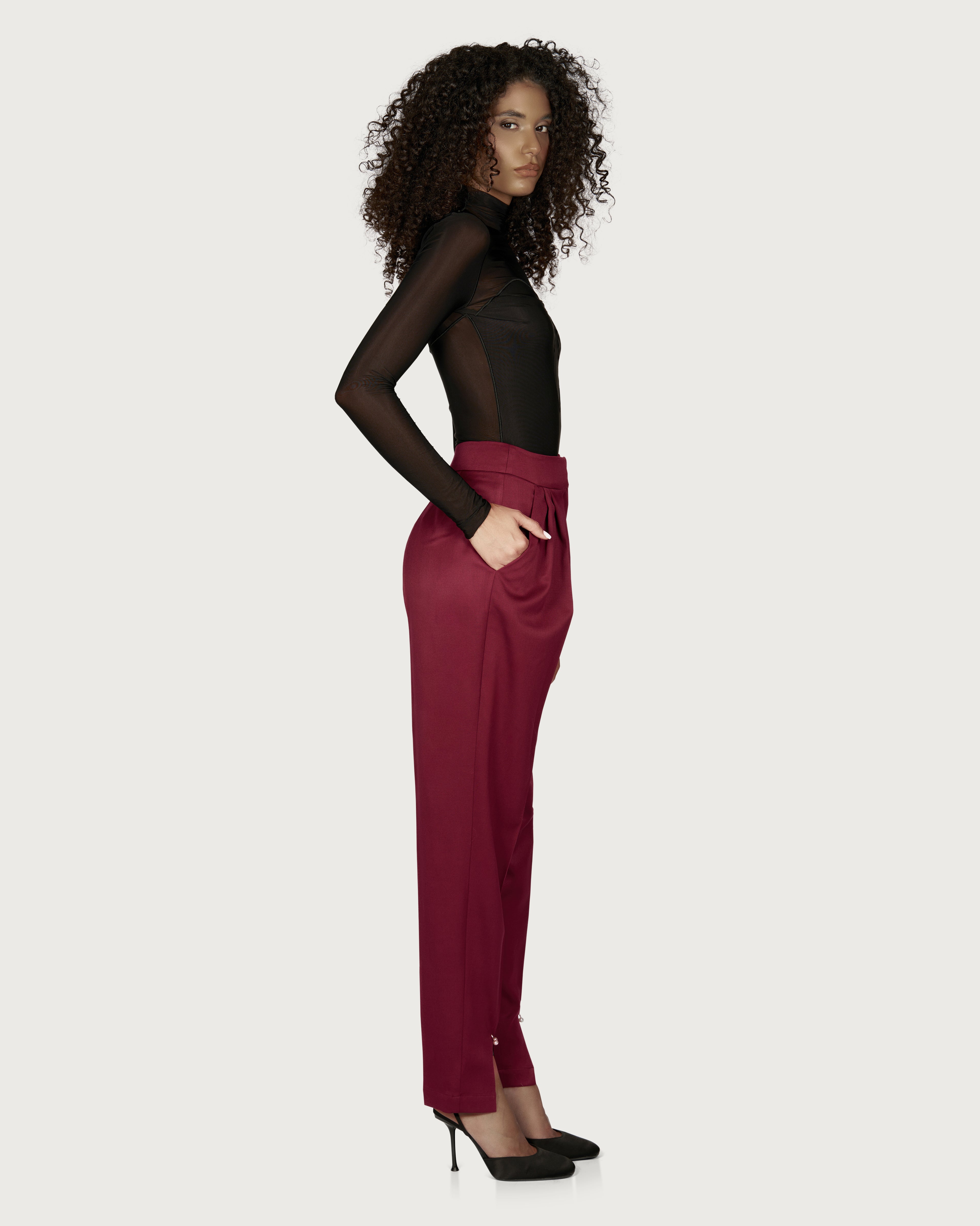 Pleated Pierced Wool Trousers Bordeaux