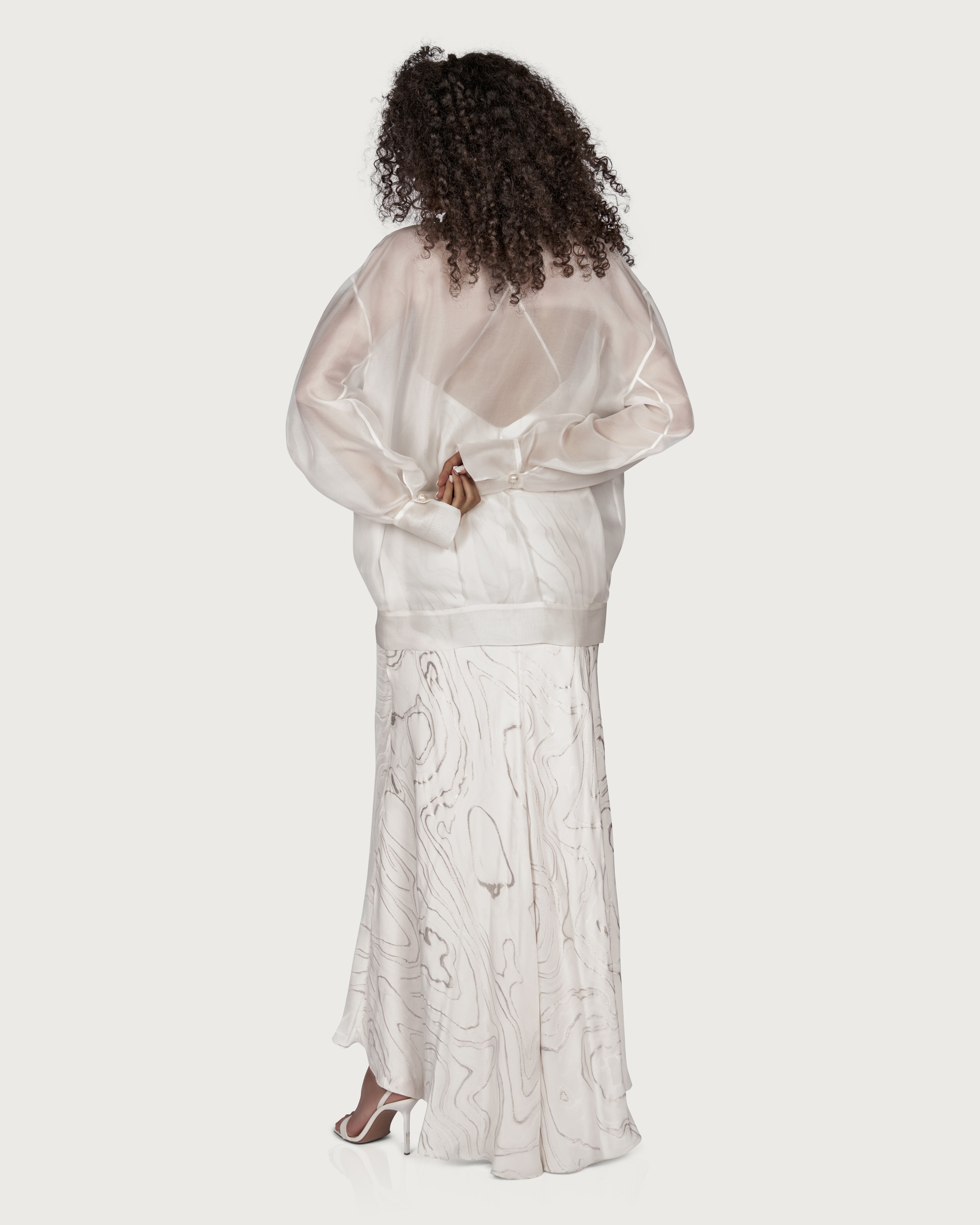 Oversized Organza Bomber Jacket with Pearl Buttons