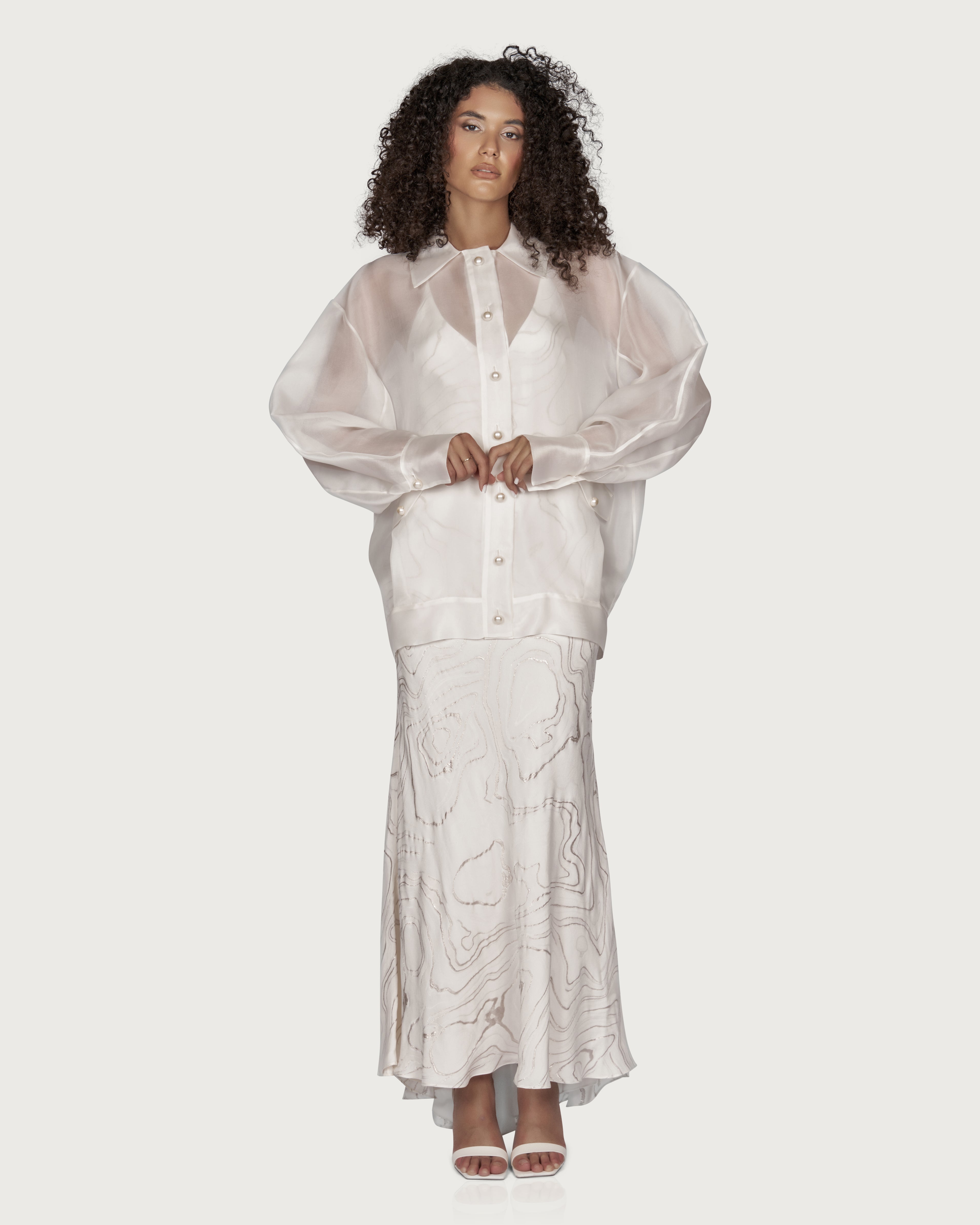 Oversized Organza Bomber Jacket with Pearl Buttons
