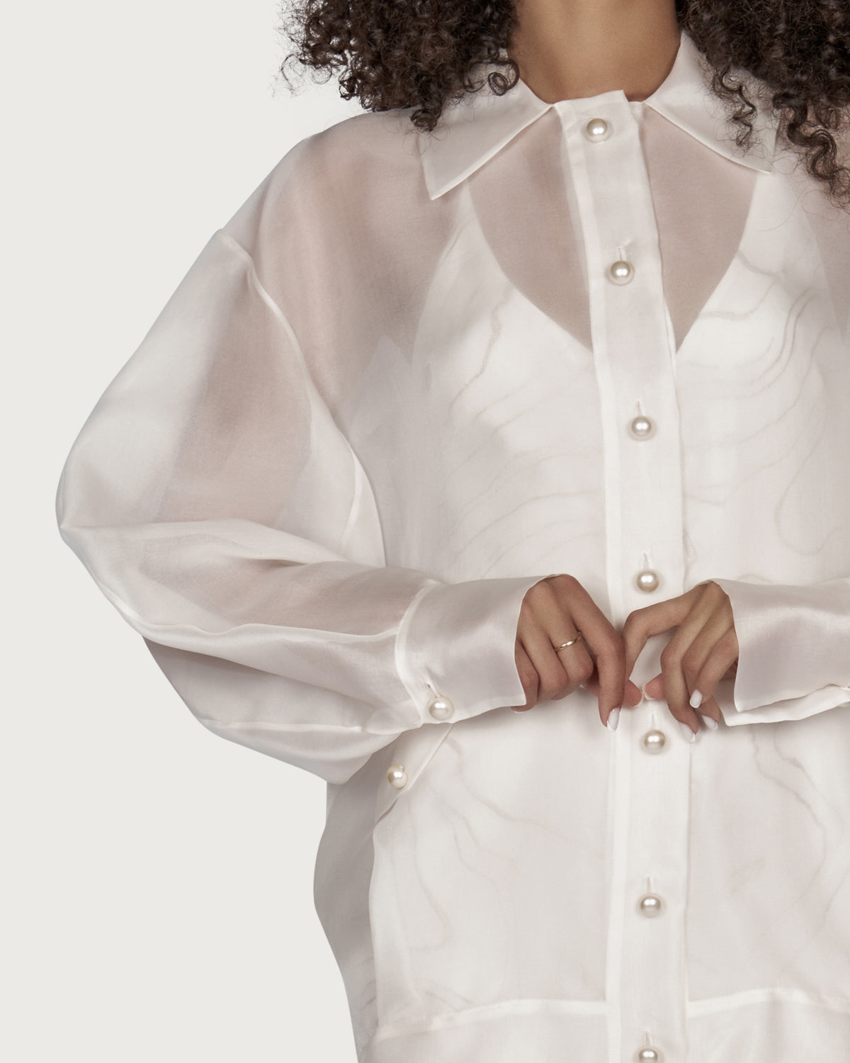 Oversized Organza Bomber Jacket with Pearl Buttons