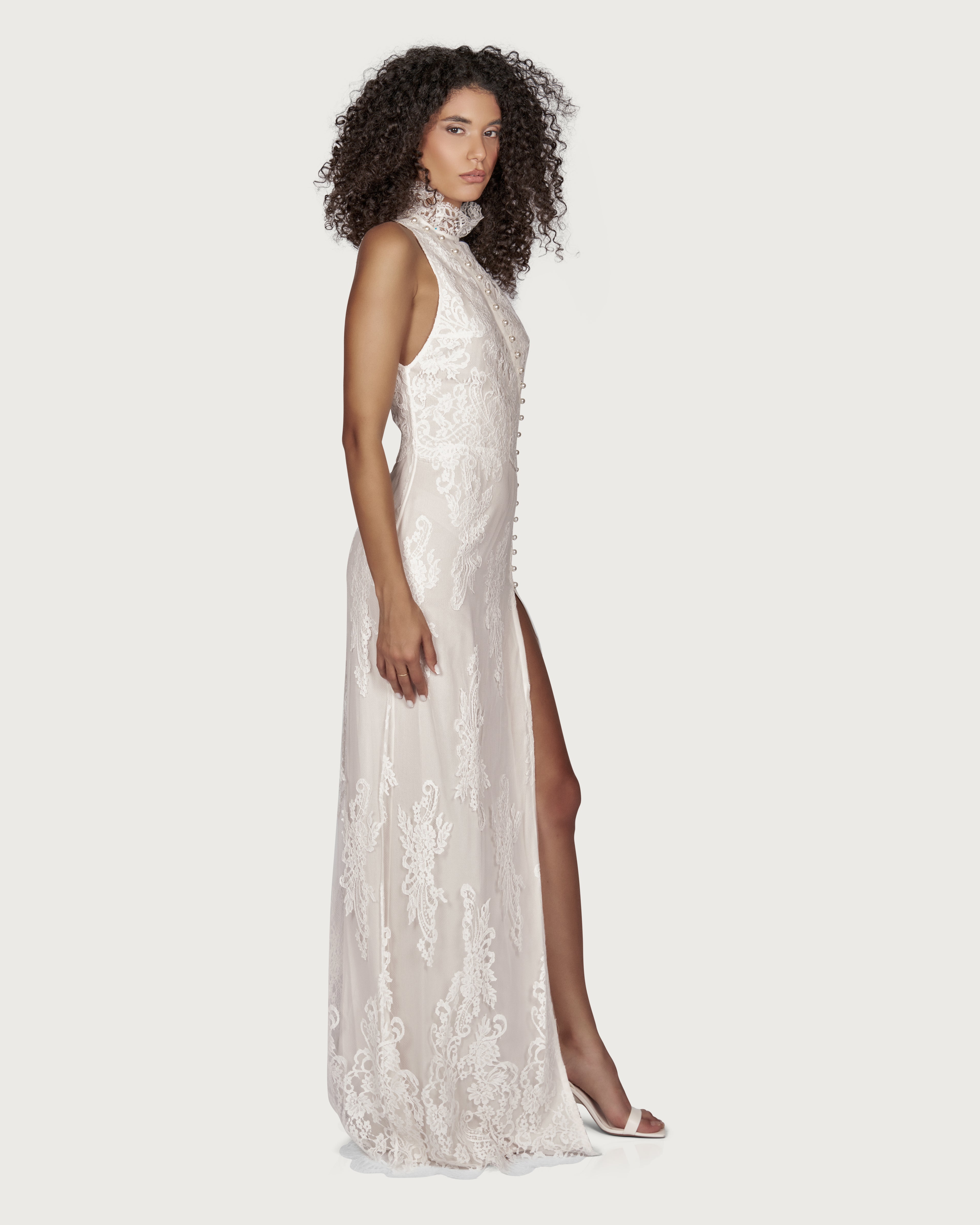 Floral Lace Gown with Pearl Buttons