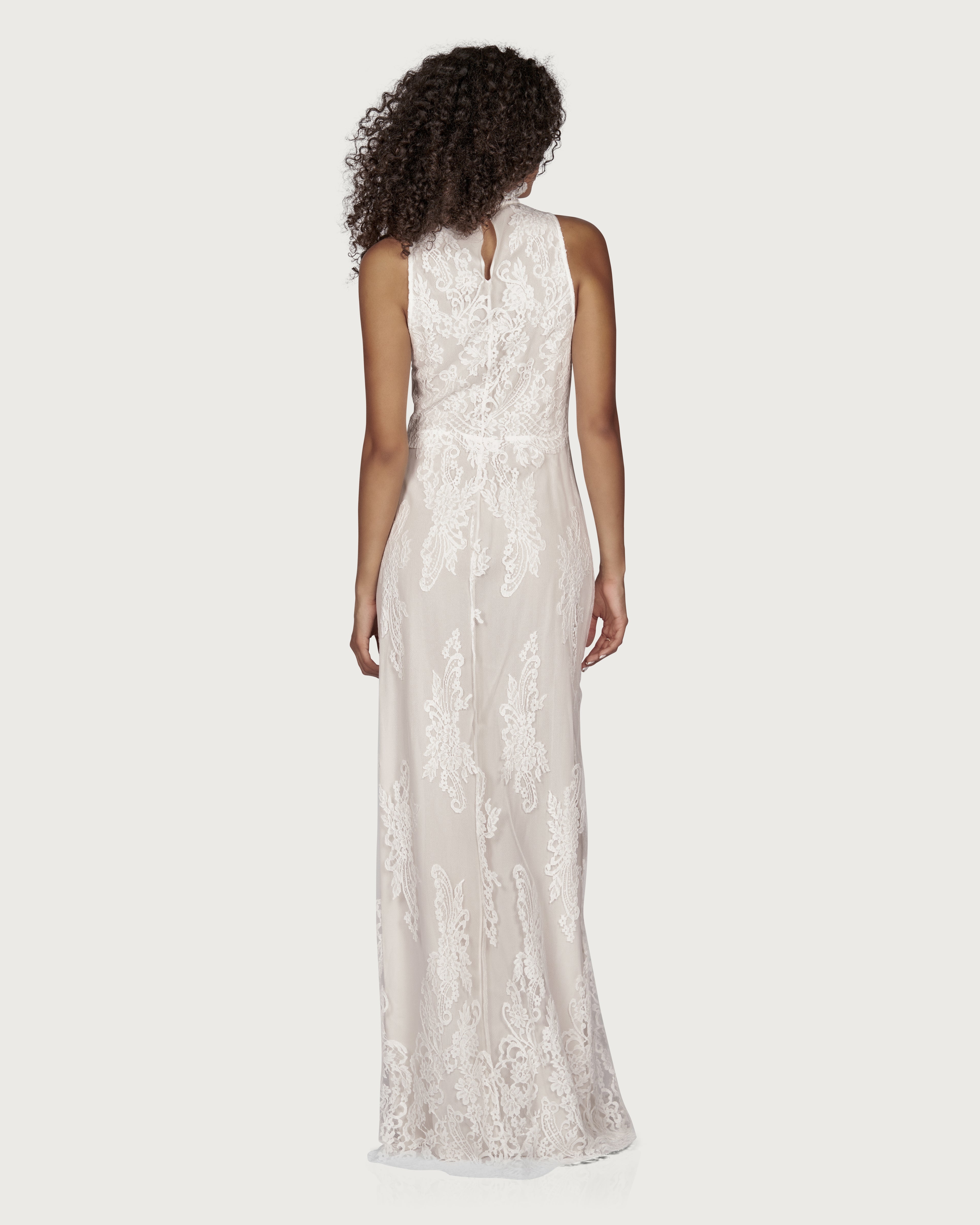 Floral Lace Gown with Pearl Buttons