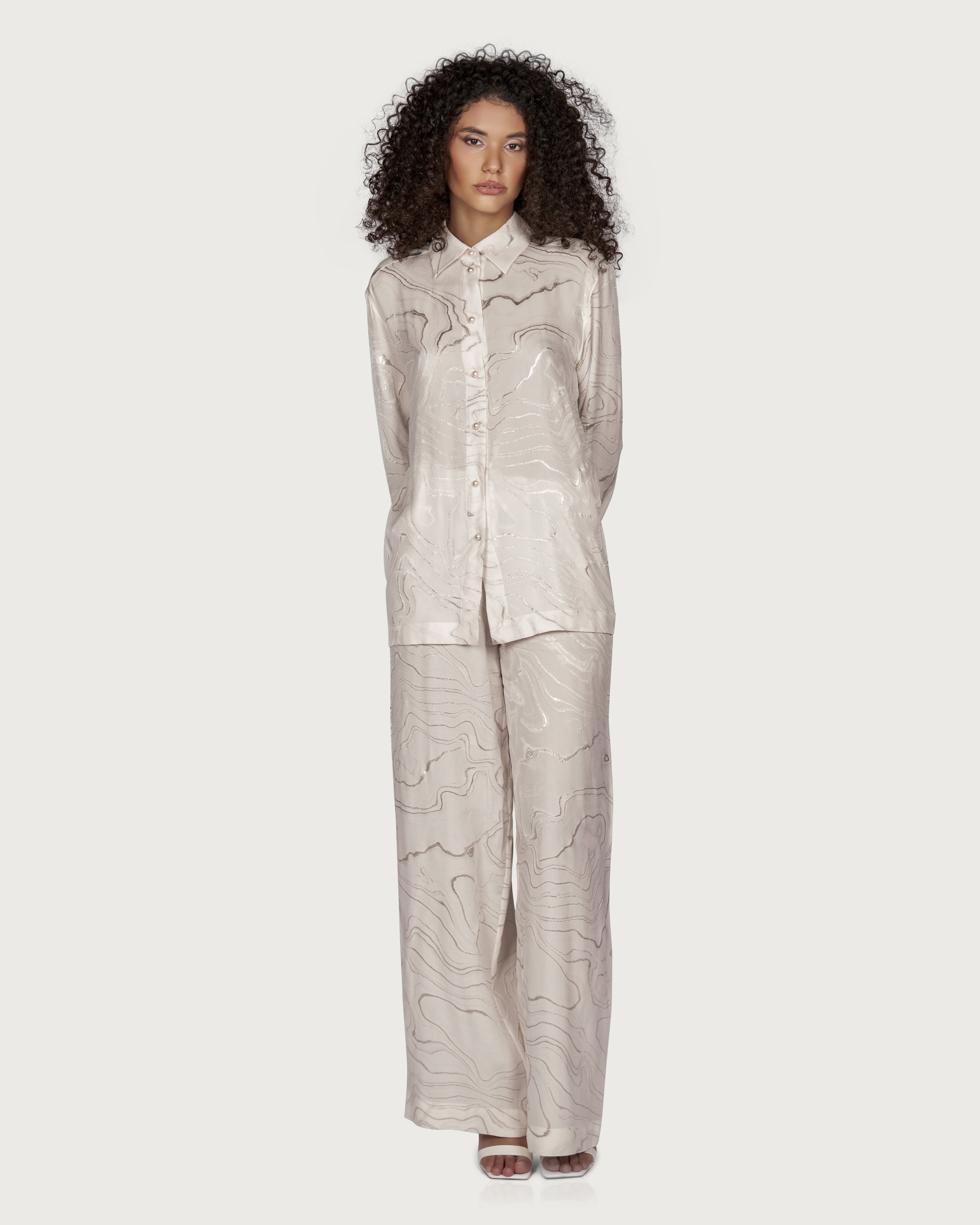 Silk Shirt with Silver Embroidery and Pearl Buttons