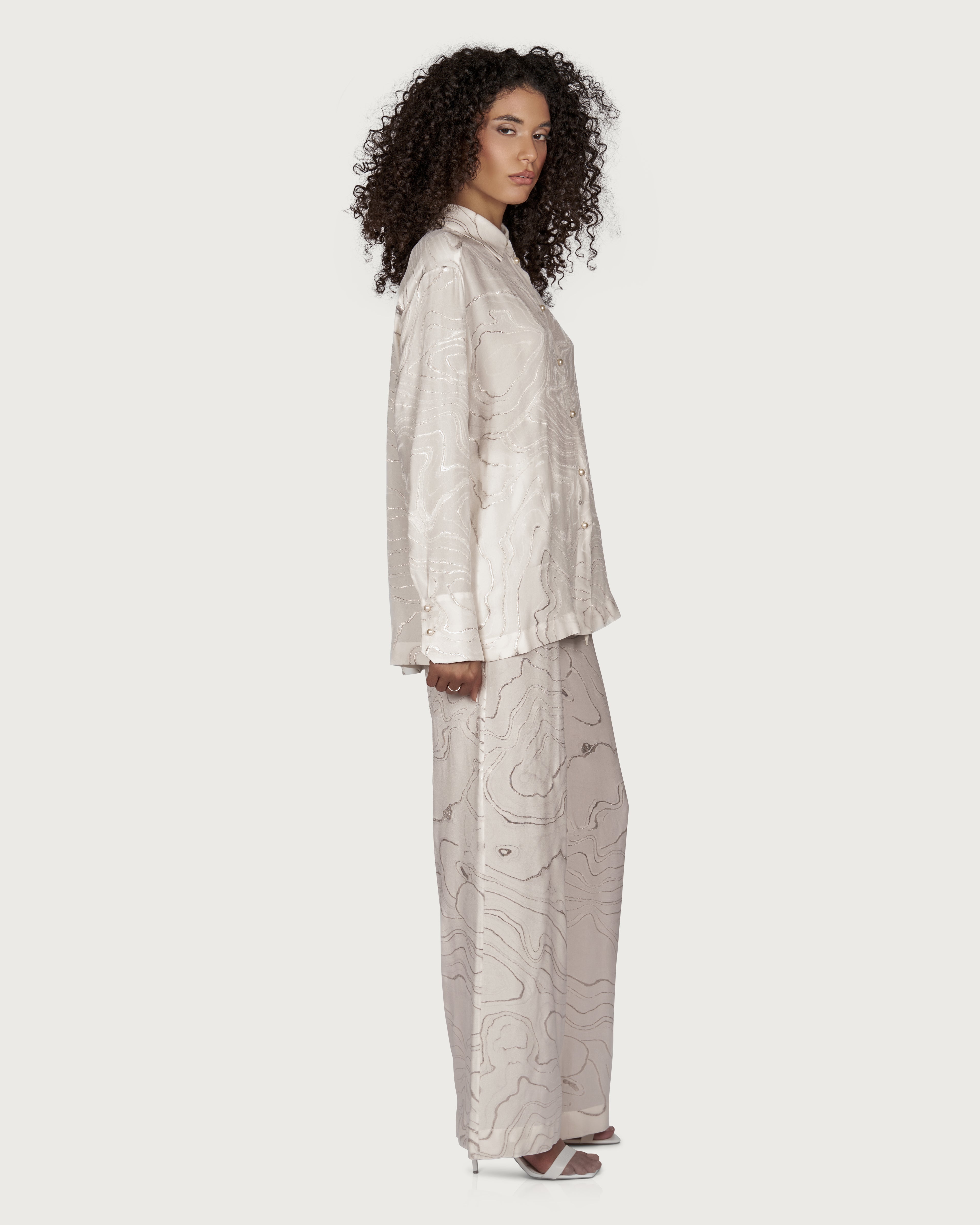 Silk Shirt with Silver Embroidery and Pearl Buttons