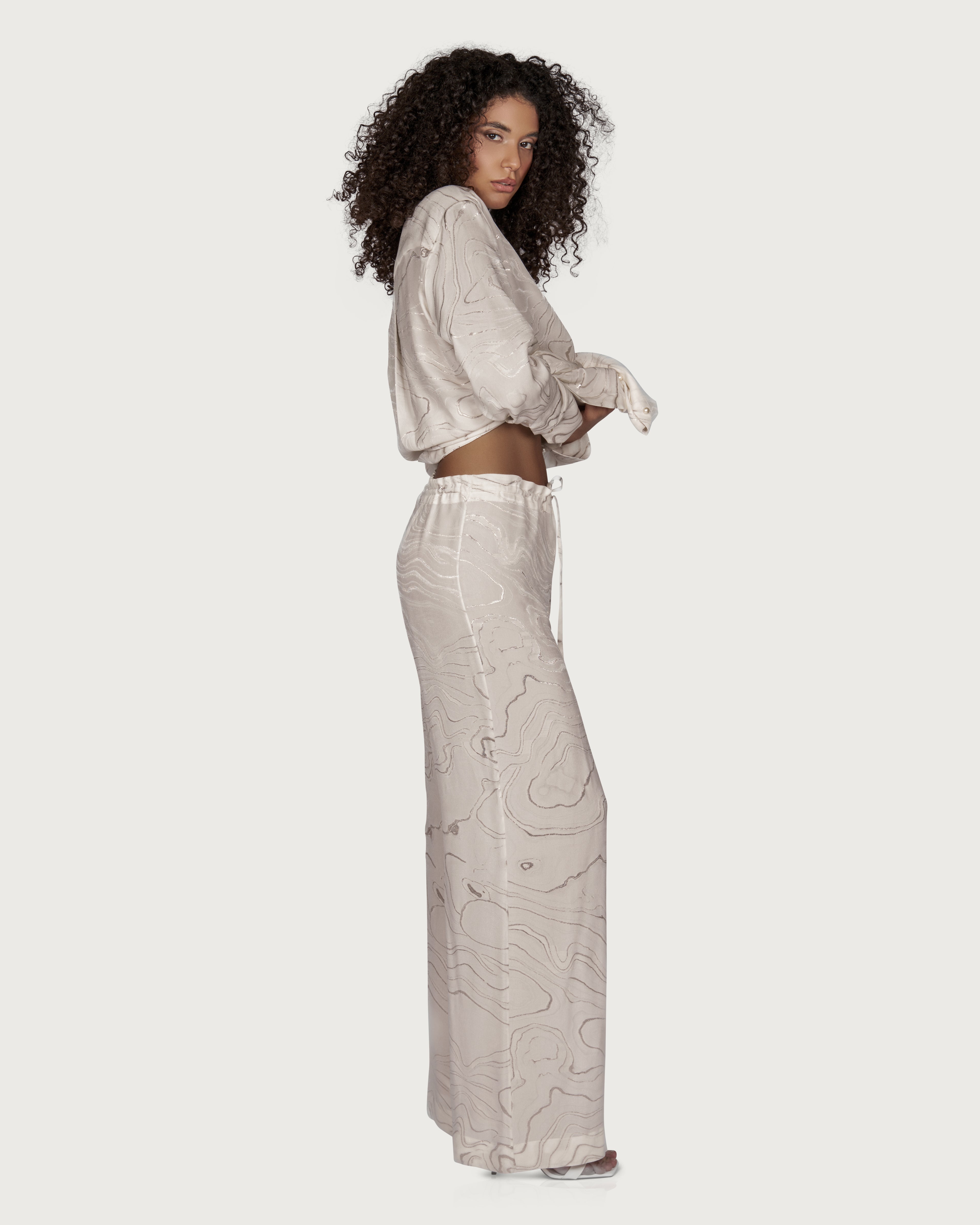 Silk Loose Trousers with Silver Embroidery