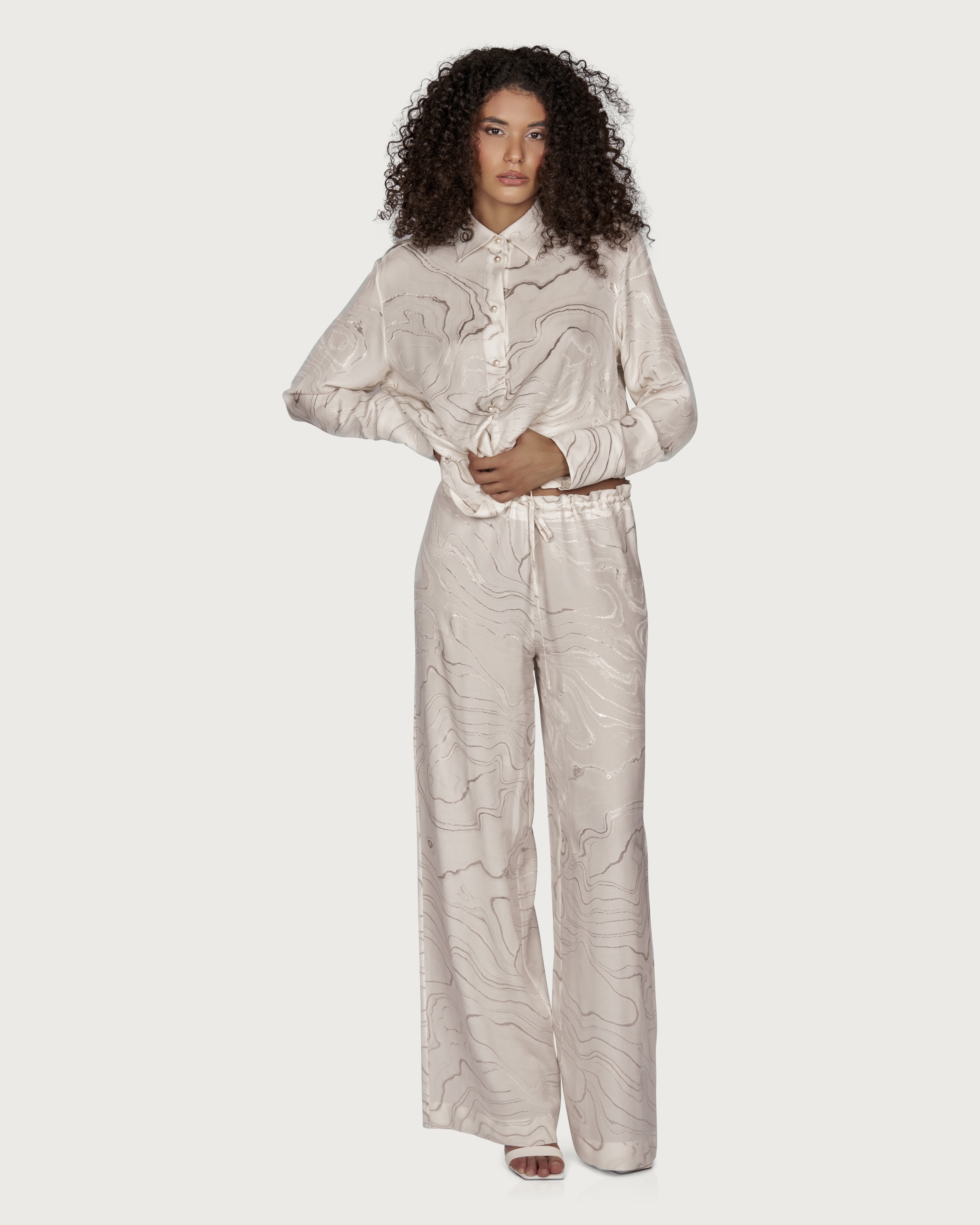 Silk Loose Trousers with Silver Embroidery