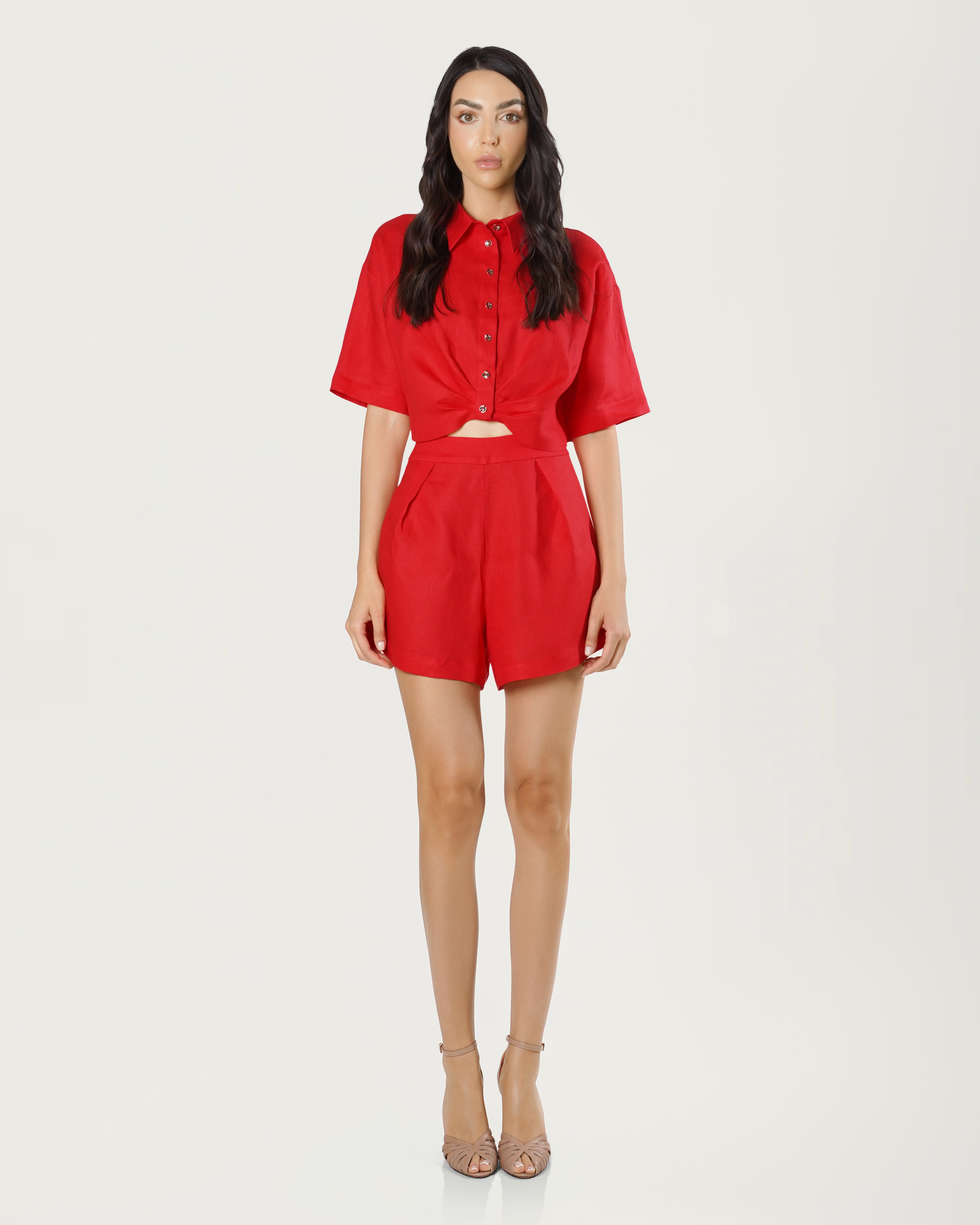 Cropped Linen Shirt with Pleated Front Detail Red